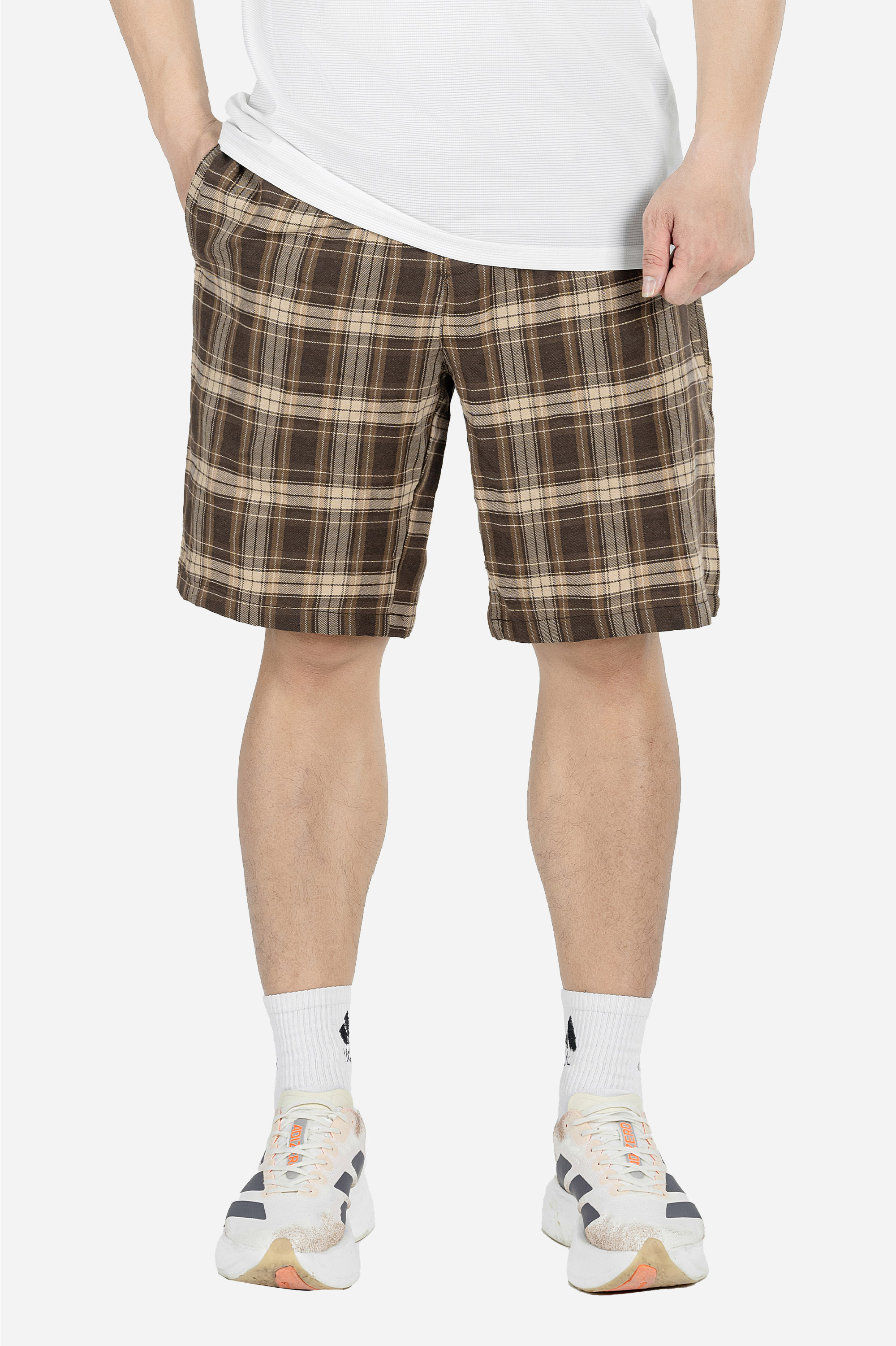 Quần Soọc Kẻ Caro Nam Trung Niên ANCHI Chất Liệu Cotton Dáng Suông Dài Qua Gối Nâu Đậm