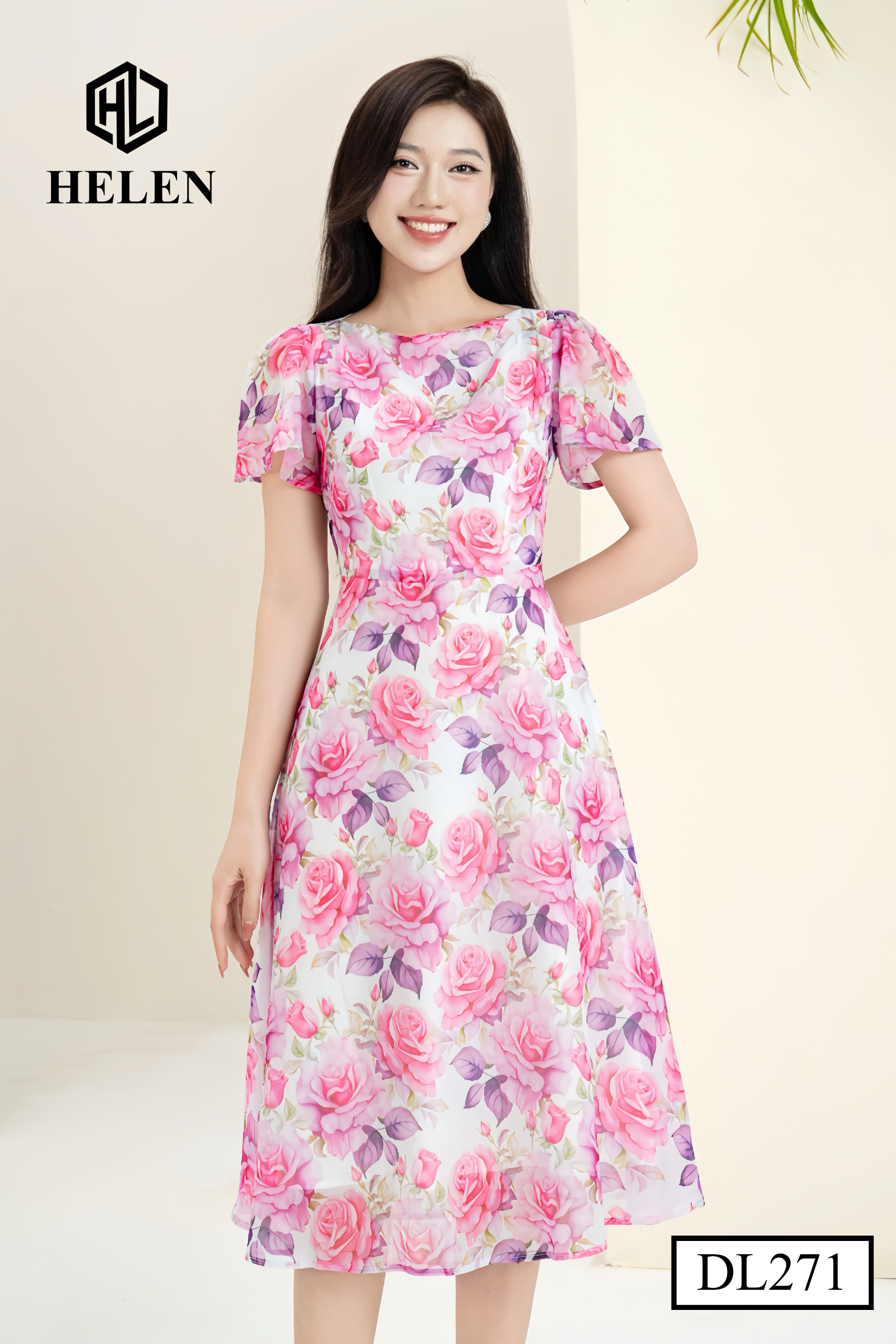 Đầm xòe hoa hồng cổ thuyển nhún vai DL271_thumbnail_4