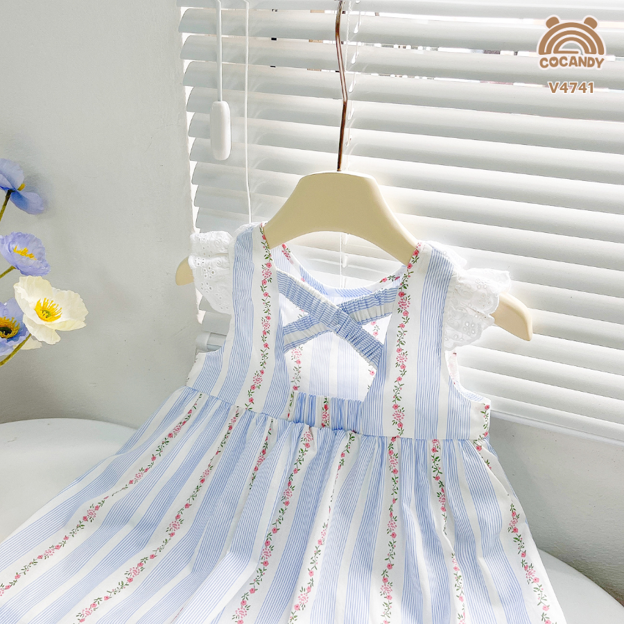 Váy cộc kẻ sọc TRẮNG XANH NHẠT hoa nhí chun chéo lưng_thumbnail_2