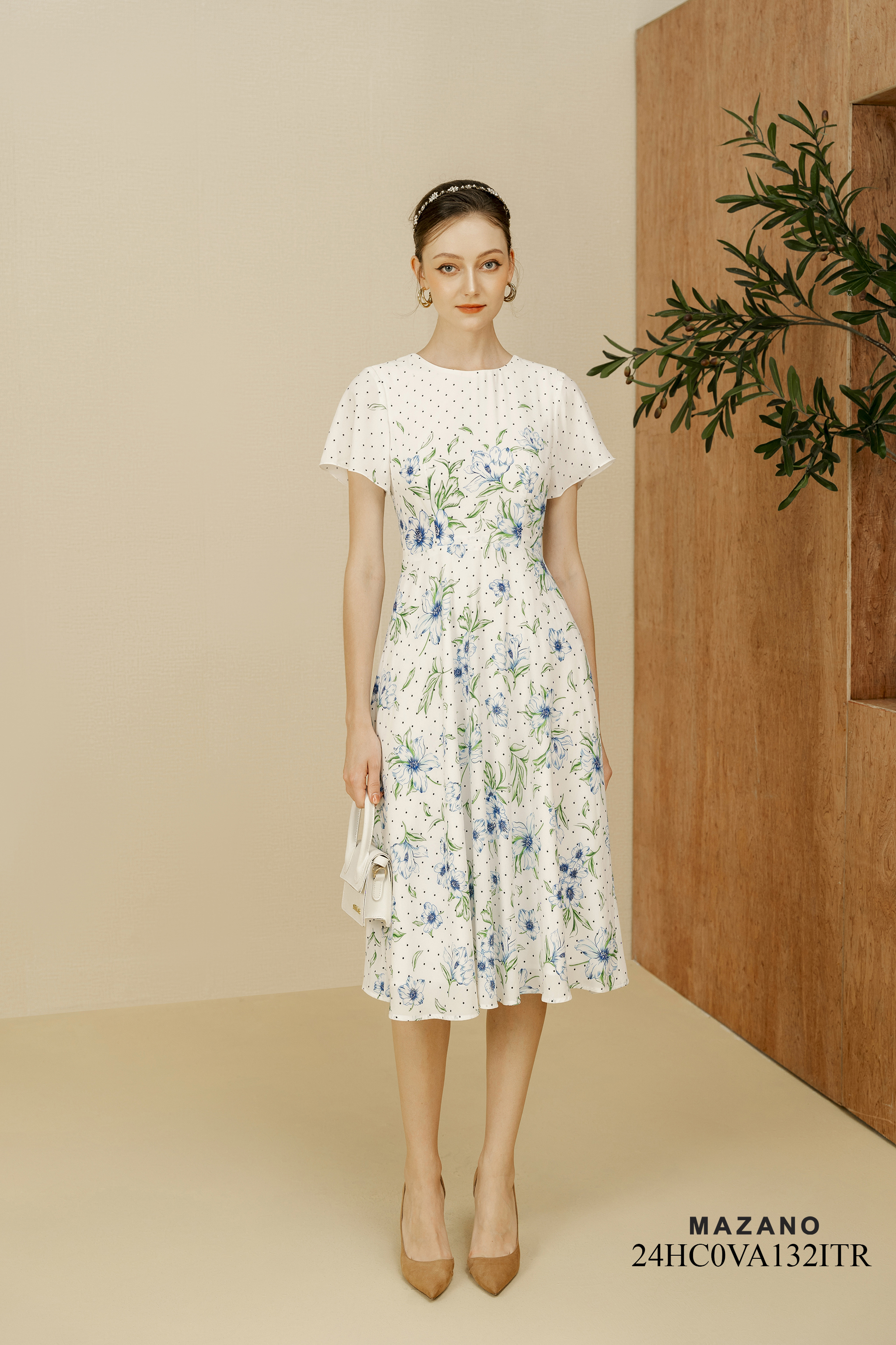 Váy Đầm Ôm Vải chiffon Hoạ tiết hoa cách điệu chấm bi Cổ tròn Tay ngắn Dài ngang bắp chân_thumbnail_0