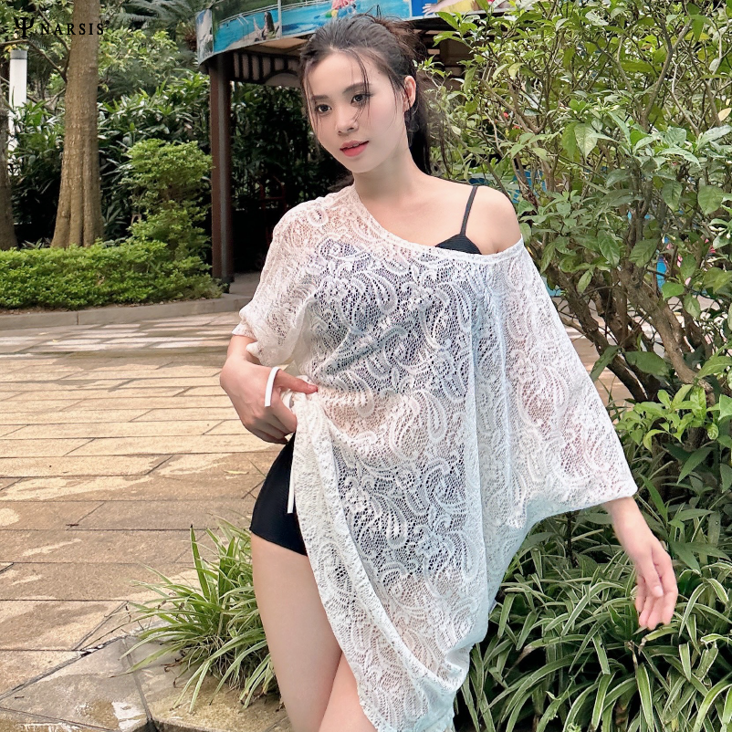 Áo Choàng Lưới Đi Biển Narsis, Dài Tay, Xuyên Thấu, Mặc Ngoài Bikini, Dáng Rộng, Phong Cách Gợi Cảm