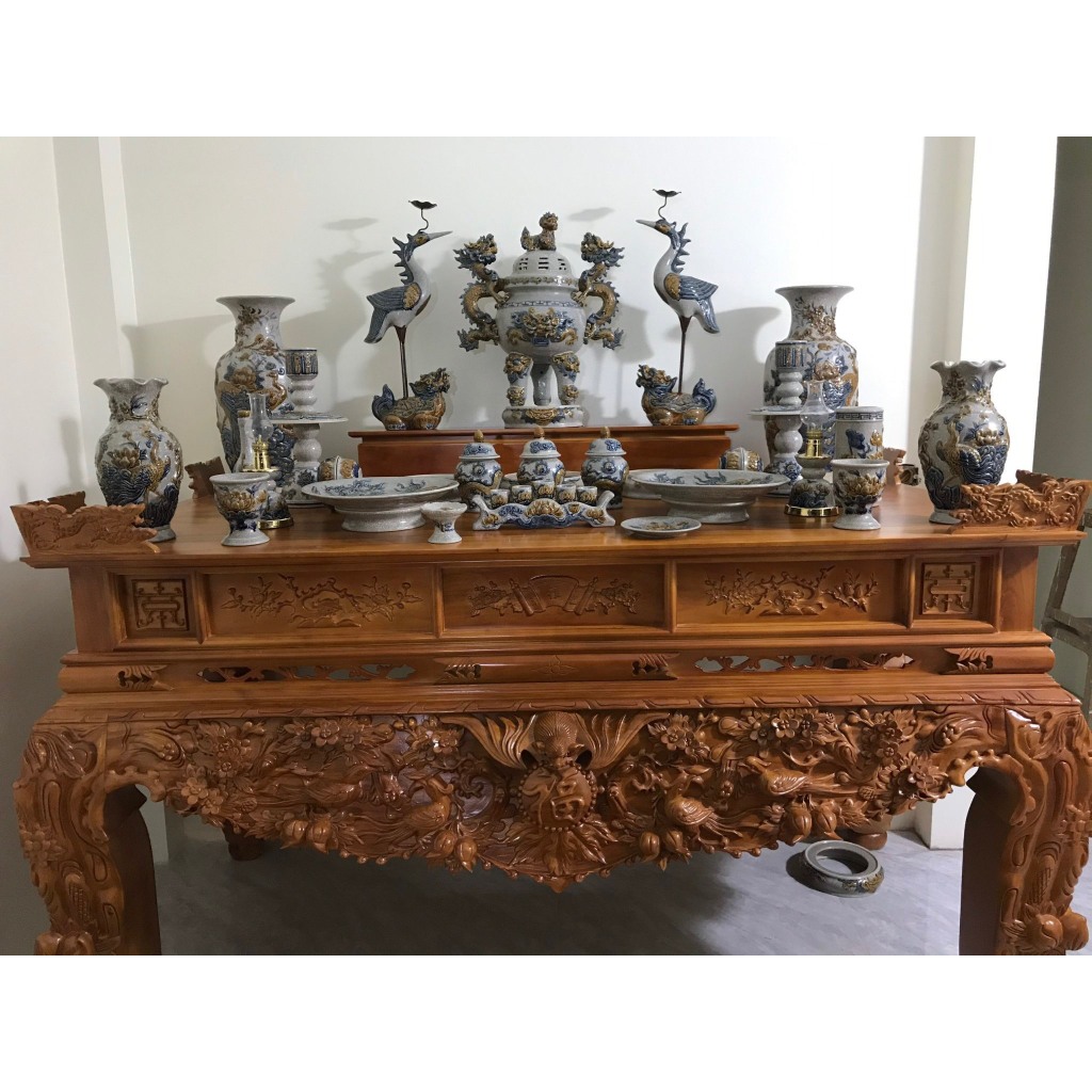 Bộ 14 Món Đồ Thờ Cúng Ban Thờ dài 1m97, 2m2 TẶNG Thất Bảo Tro Nếp Nước Thơm Men rạn Bát Tràng_thumbnail_5