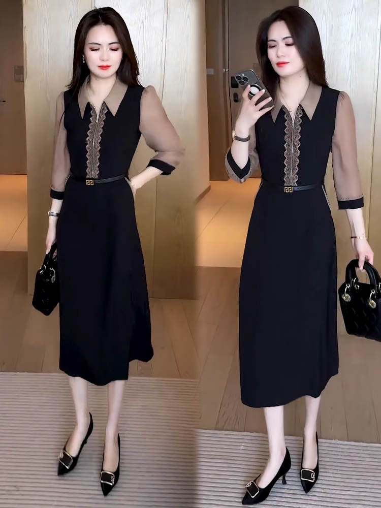 16841-Đầm suông A đen phối tay voan lở  cổ bẻ viền ren (lụa mango, voan) kèm nịt vải_thumbnail_1