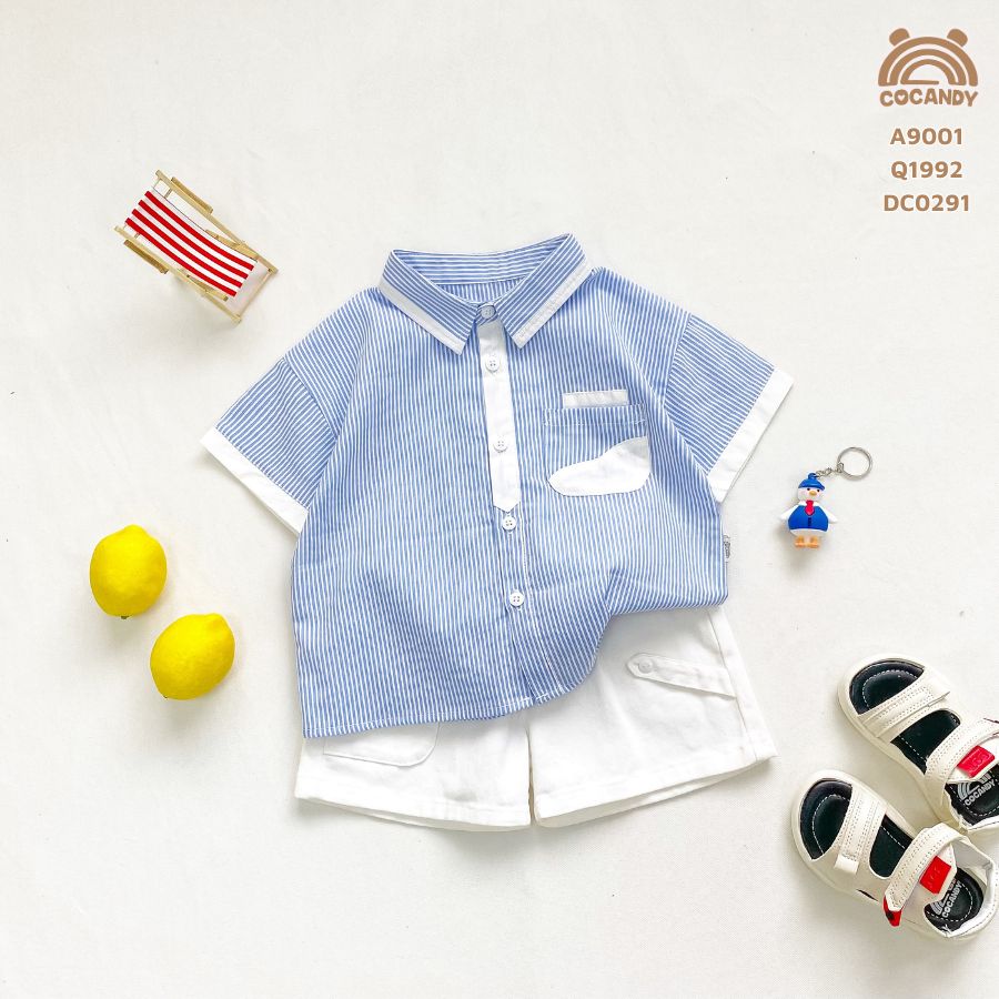 Áo cộc sơ mi kẻ XANH phối nẹp trắng túi ngực