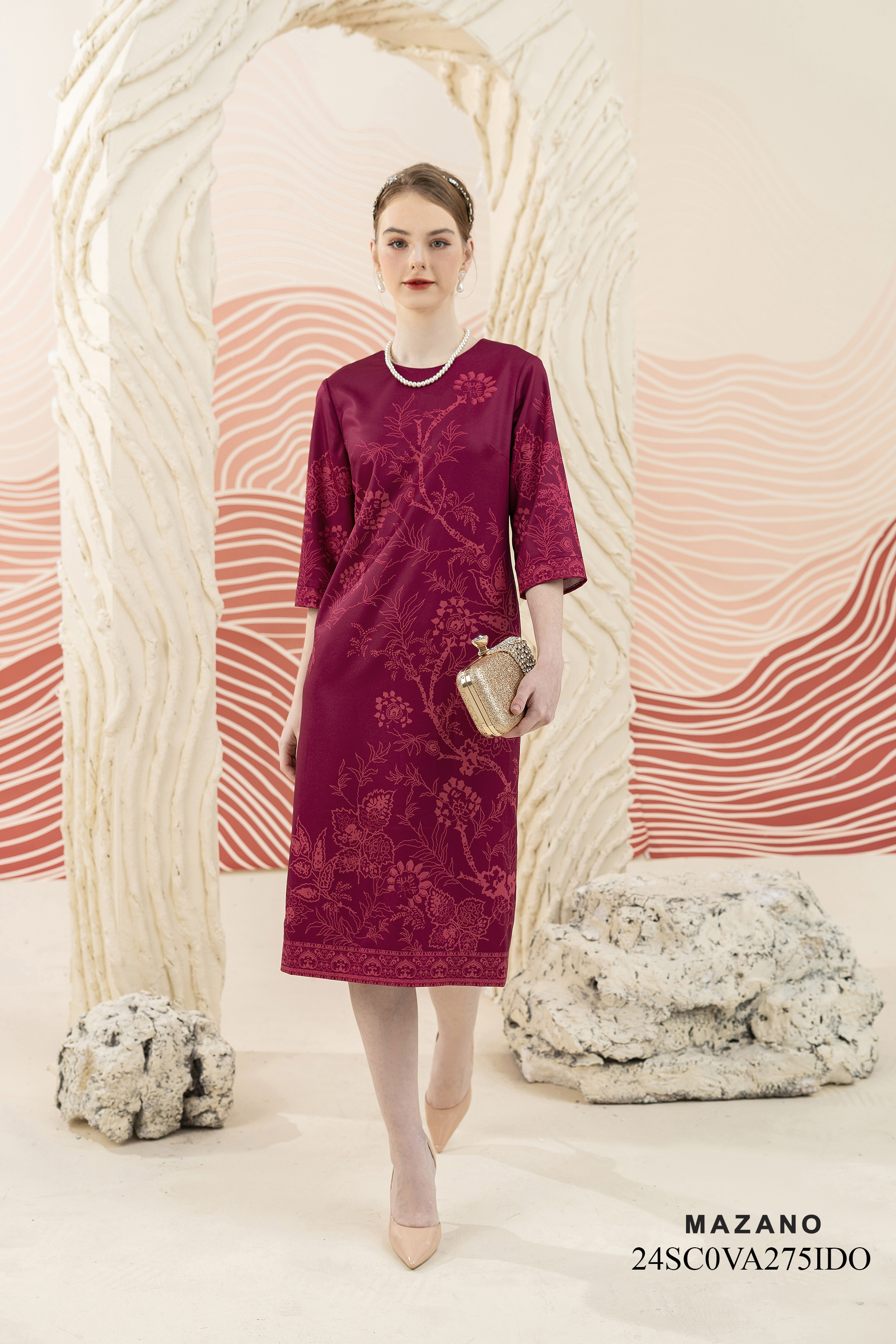 Váy Đầm suông Vải thô Hoạ tiết cách điệu Cổ tròn Tay lỡ Dài đến bắp chân_thumbnail_5