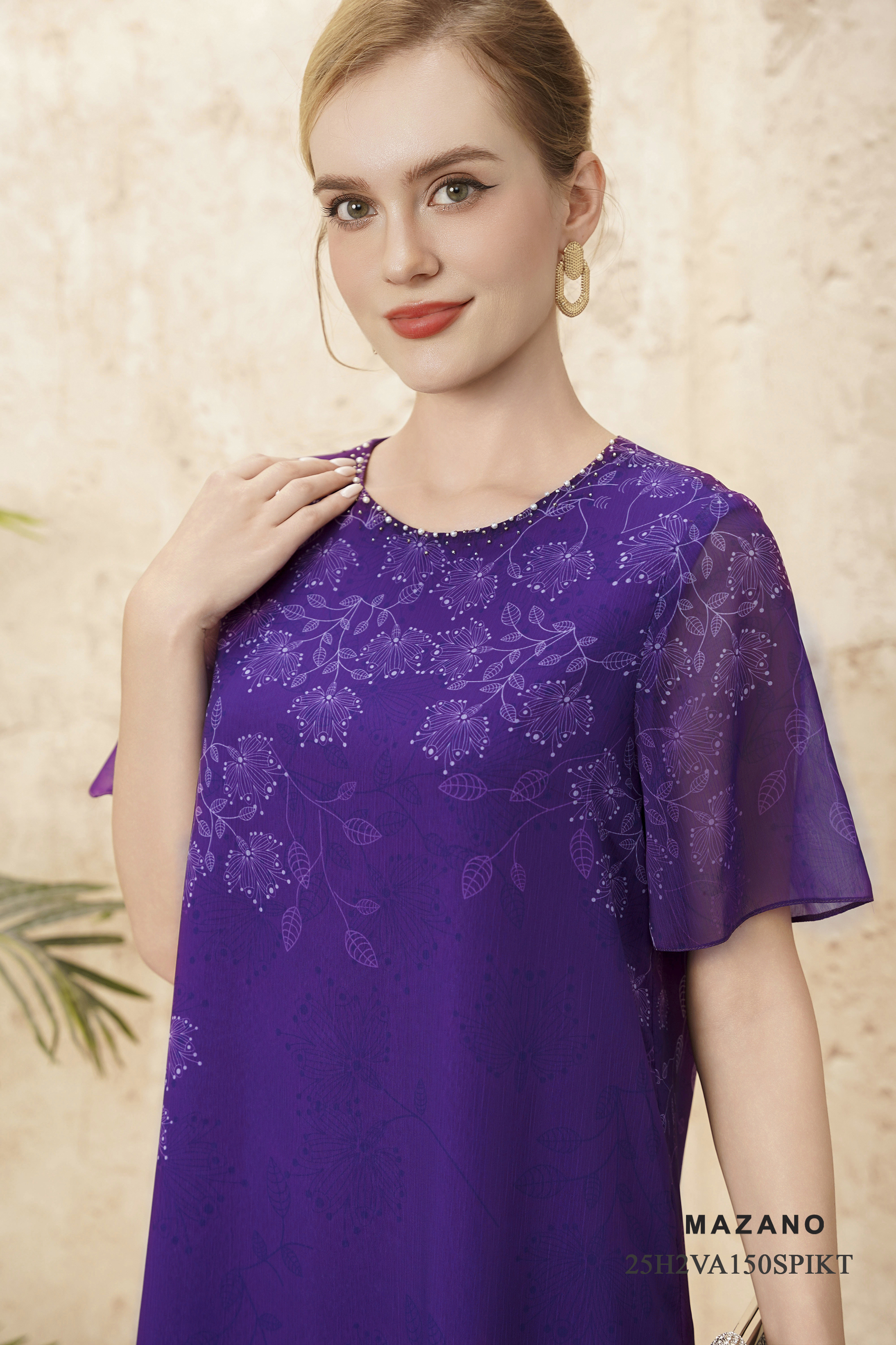 Váy Đầm suông A  Vải voan mỏng Đính trang trí Cổ tròn Tay ngắn Dài váy ngang bắp_thumbnail_5