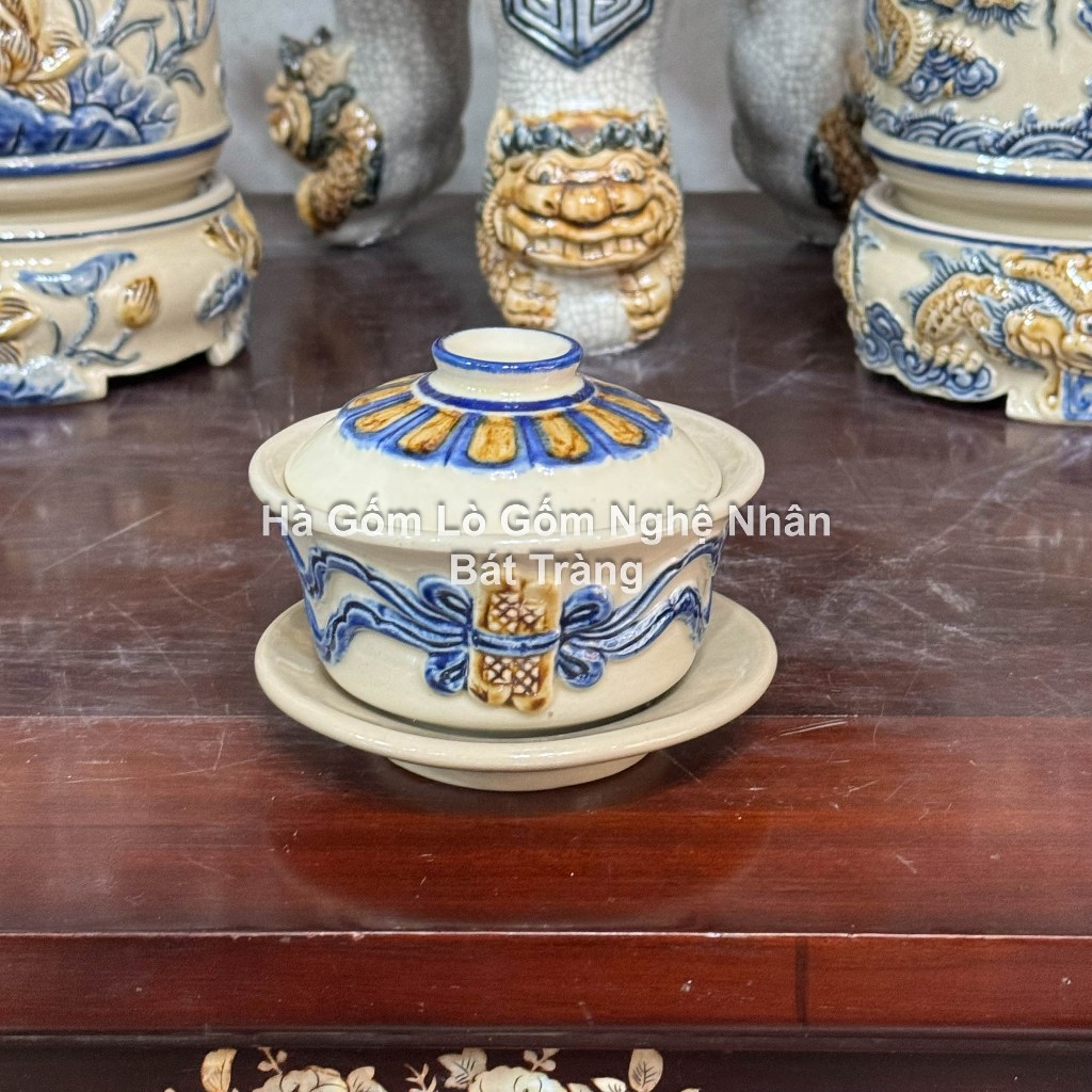 Đồ Thờ Cúng Bát Sâm Hoàng Thổ Cuốn Thư - Hà Gốm Thờ Cúng men Hoàng Thổ Bát Tràng - Nghệ nhân chế tác