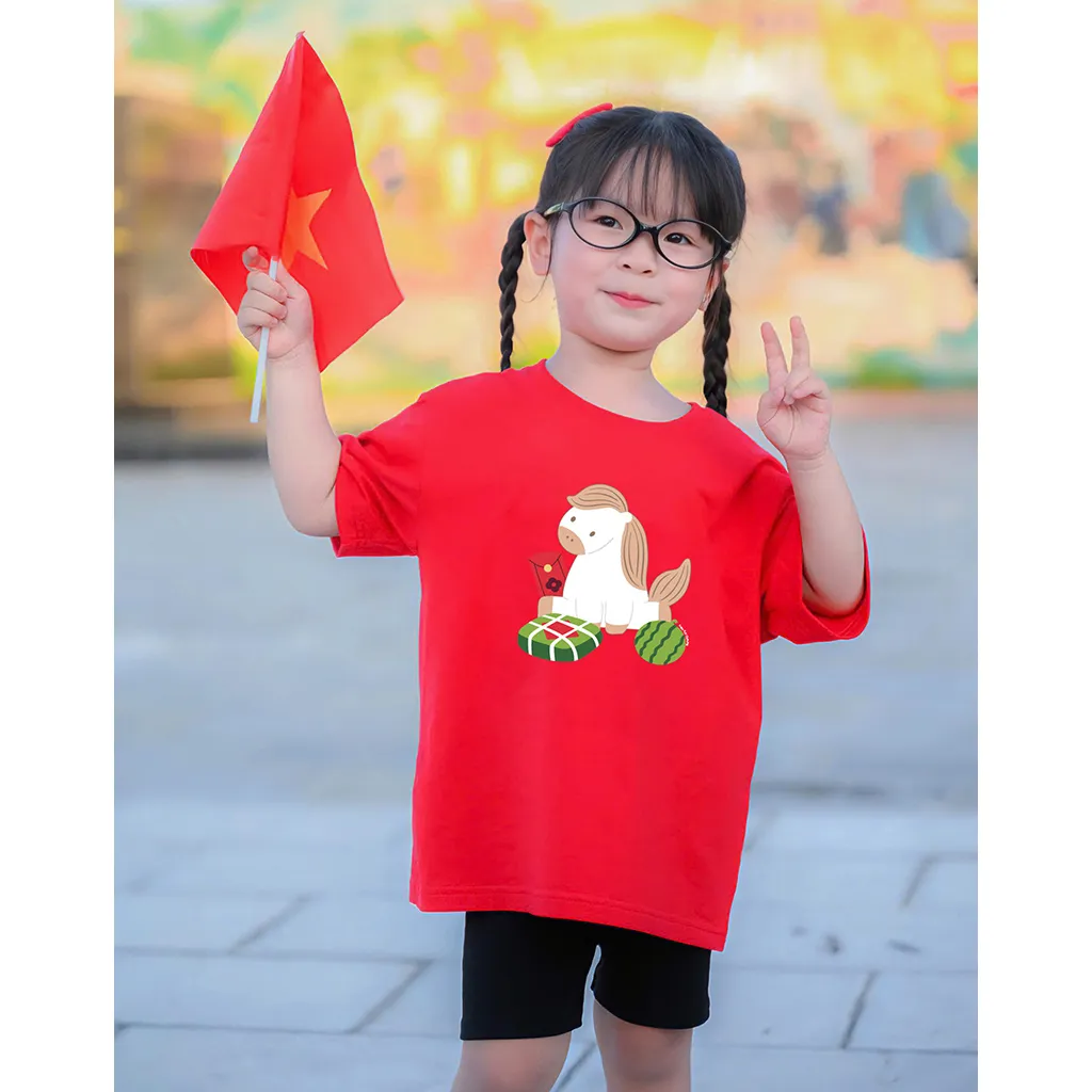 Áo thun Tết bé gái Kado vải cotton thoáng mát tay ngắn cổ tròn hình Ngựa in artwork 2944_thumbnail_3