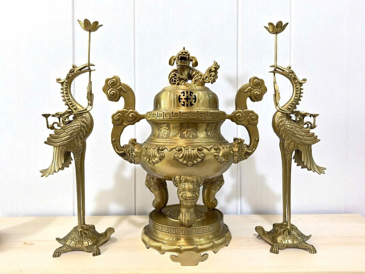 Bộ đỉnh thờ ngũ sự cao 70cm đồng vàng thau màu mộc _thumbnail_0