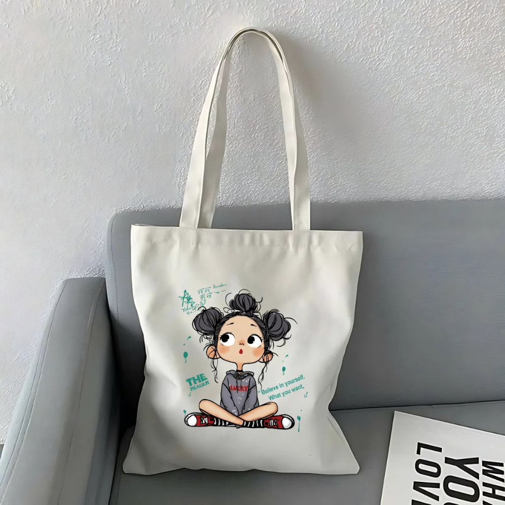 Túi tote vải canvas hình cô gái tóc xù có khóa kéo và ngăn phụ, đi học đi chơi - We Tee TOTE18_thumbnail_4