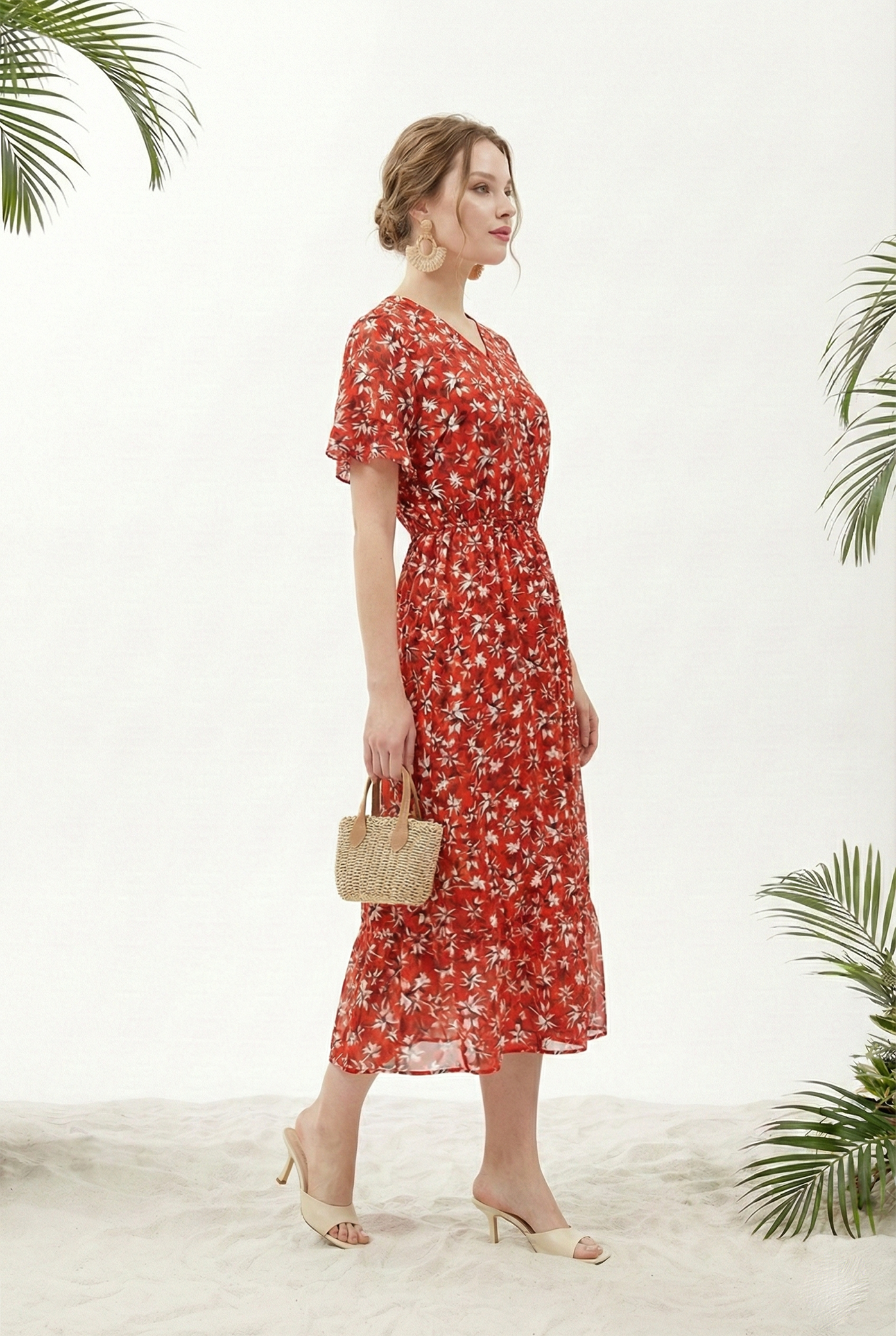 Đầm vải voan dày in hoa lan trắng nền đỏ dáng ôm chân rủ cổ V tay ngắn thiết kế MAZANO 1HA1SVA059DO_thumbnail_5