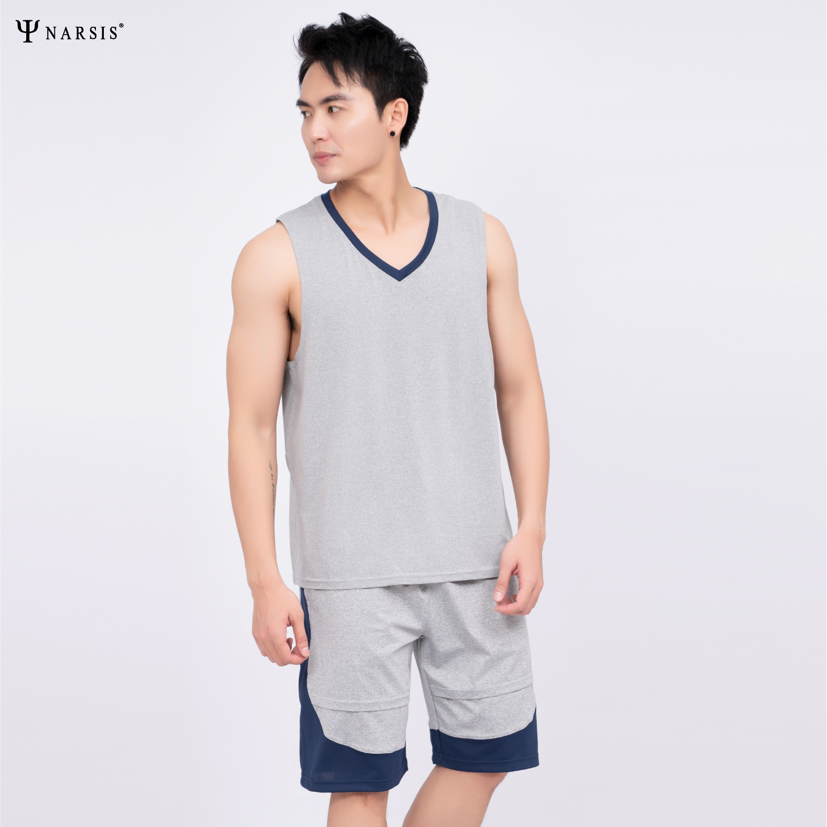 BỘ QUẦN ÁO THỂ THAO NAM POLYESTER SPANDEX GHI XANH NARSIS - PRO-ACTIVE XANH GHI KHỎE KHOẮN E23005