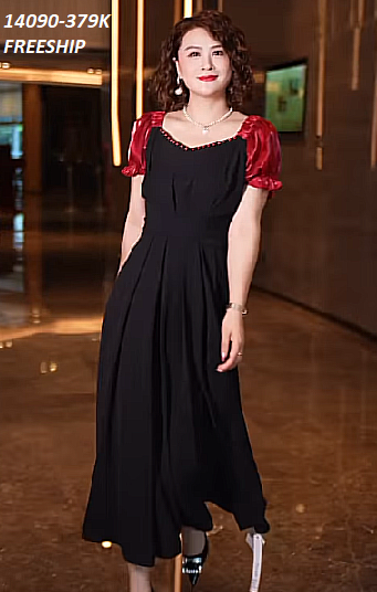 14090-Đầm dài phối tay ngắn phồng đỏ cổ kết hạt (lụa chéo, lụa ánh kim)FREESHIP_thumbnail_0