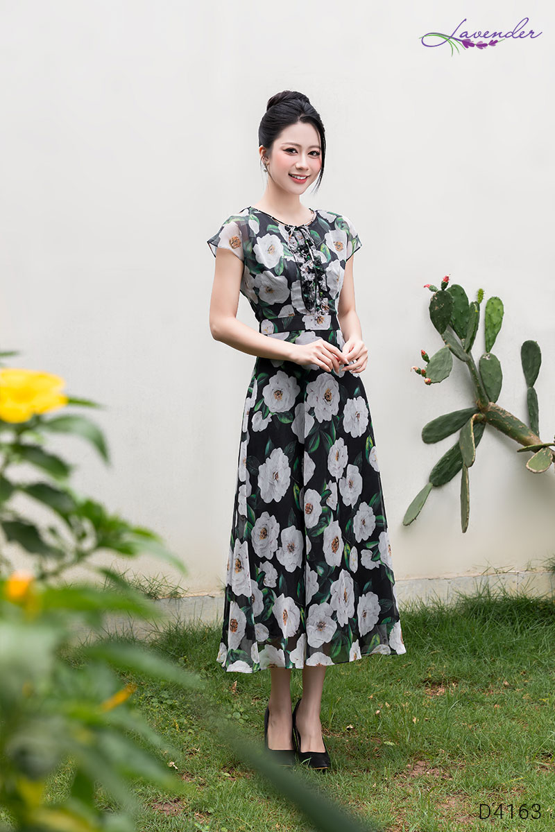 Đầm hoa nhún bèo dọc cổ tròn phối nơ  D4163_thumbnail_3