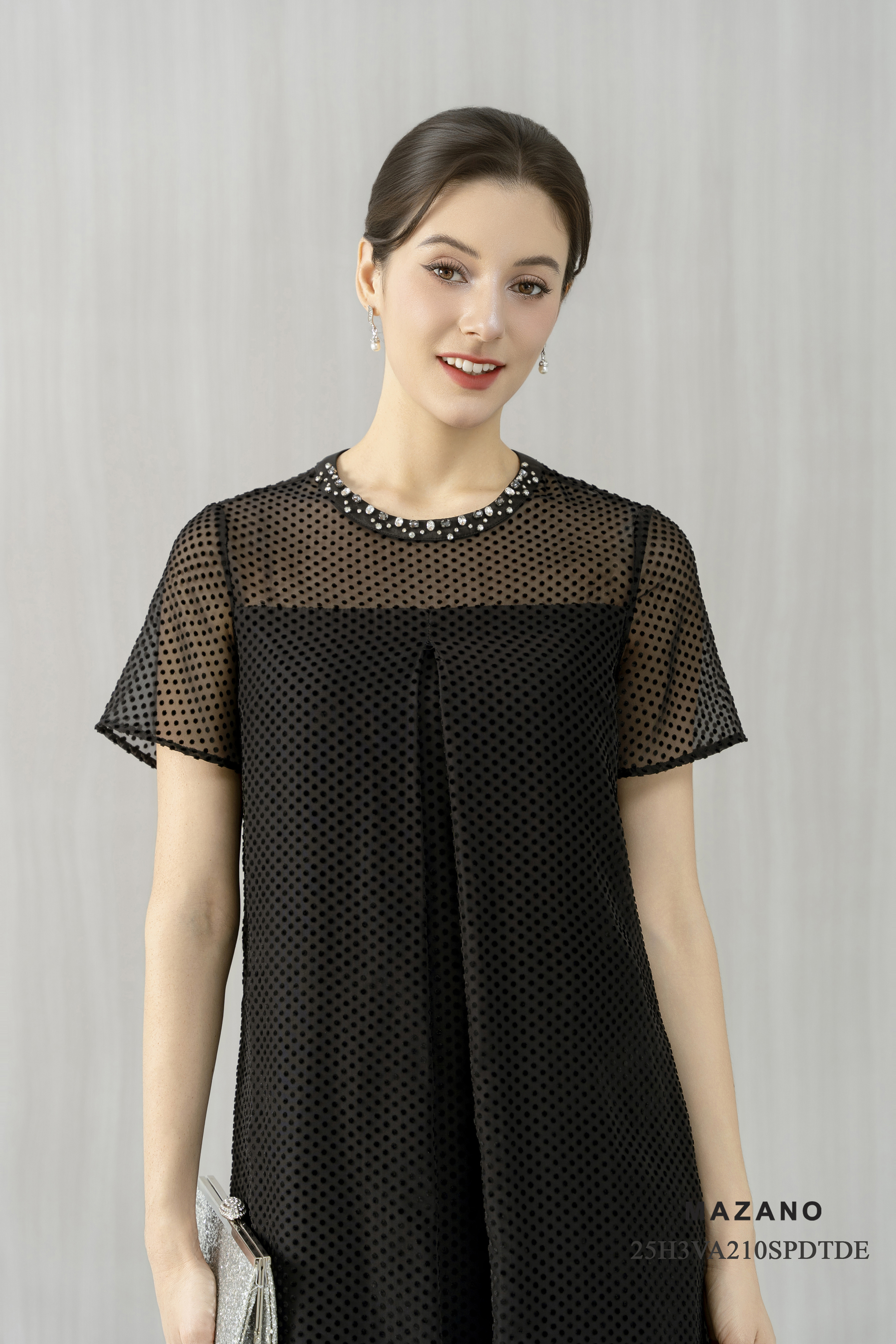 Váy Đầm suông A  Vải voan mỏng Phối chấm c Đính trang trí Cổ tròn Tay ngắn Dài váy đến gối._thumbnail_2