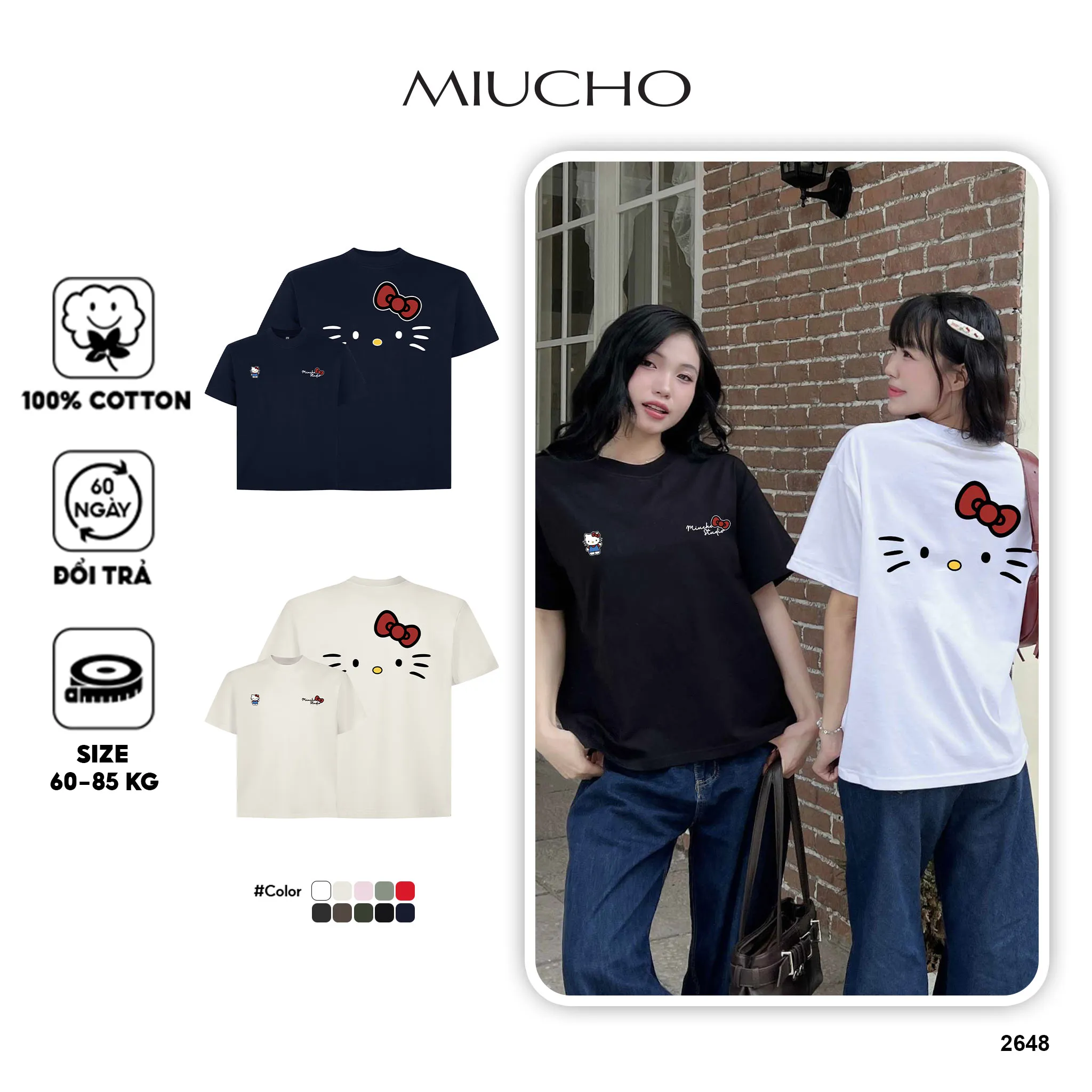 Áo thun form boxy nữ Kitty dễ thương 2648 Miucho vải cotton thoáng mát cổ tròn in mix_thumbnail_1