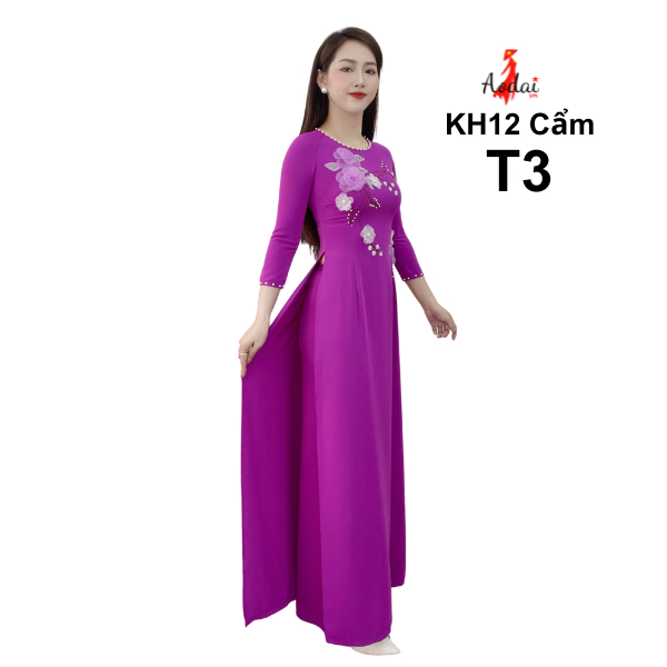 T3 Áo dài Lụa Mỹ màu tím cẩm thêu kết hoa nổi Cổ tròn Tay lỡ