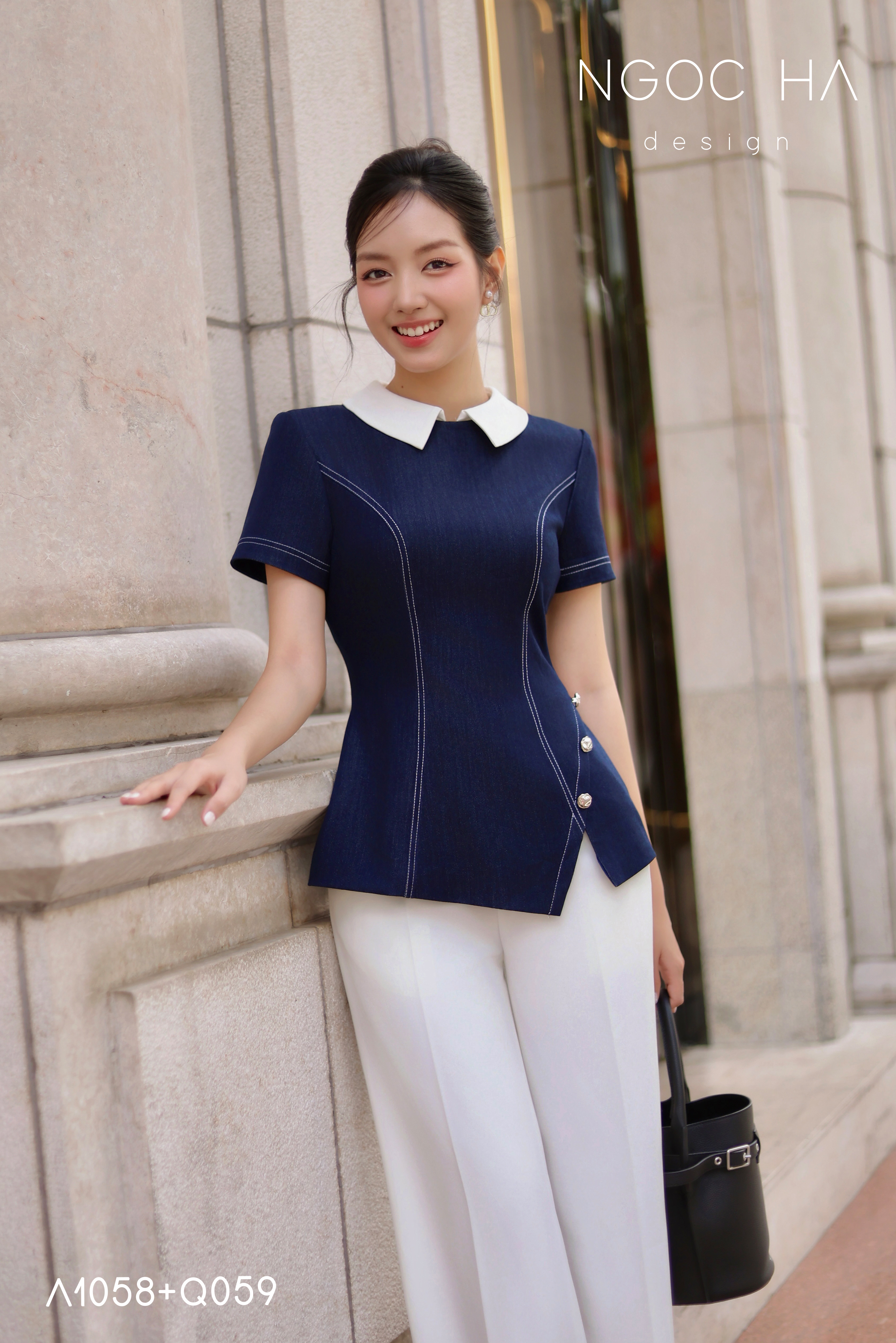 Lara Top_ Áo Bò Peplum Vạt Chép Đính Cúc Mix Cổ Trắng A1058