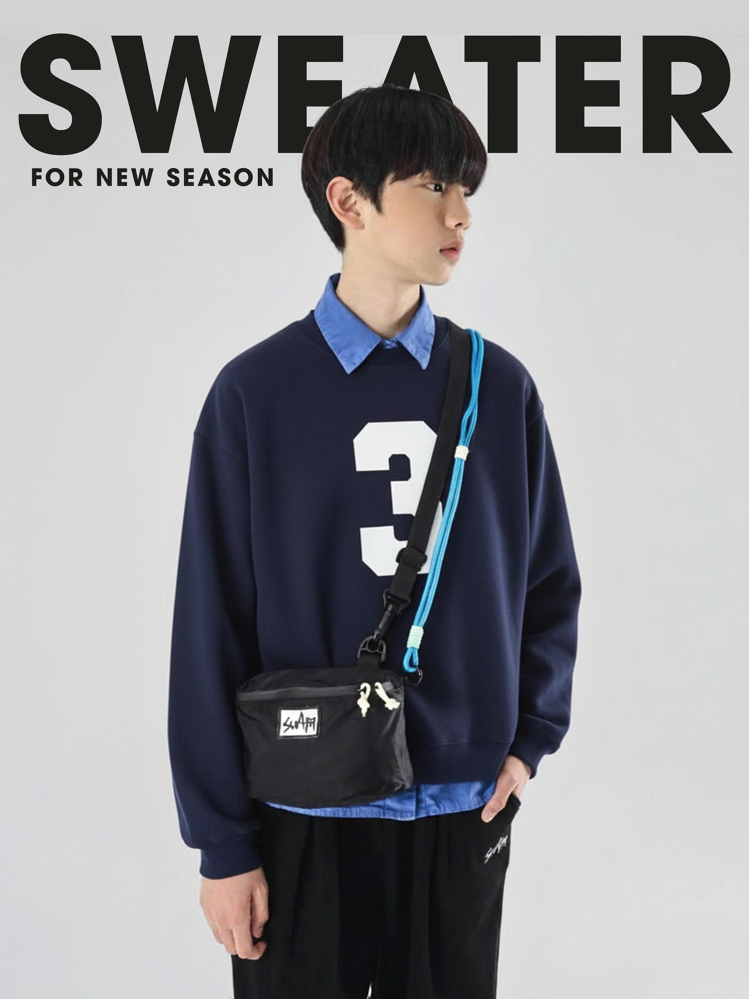 Áo nỉ cổ tròn màu xanh đen in số 3