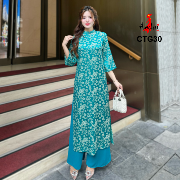 BCT30 Bộ Áo Dài Cách Tân Gấm Dáng Suông Hoa Anh Đào Cổ Cao 2cm Tay Lỡ_thumbnail_2