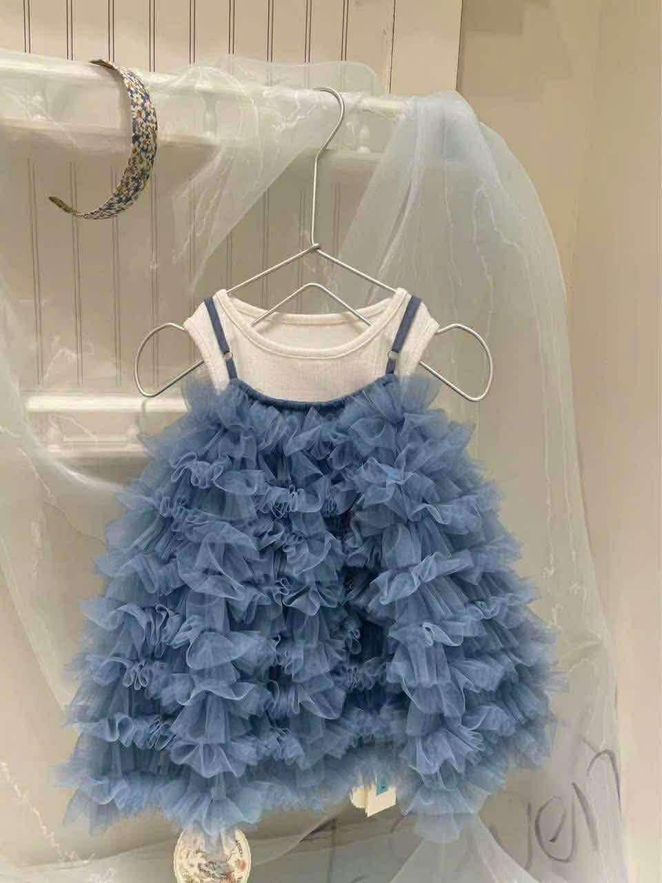 (H40) Váy 2 dây xanh dương voan tầng Seven