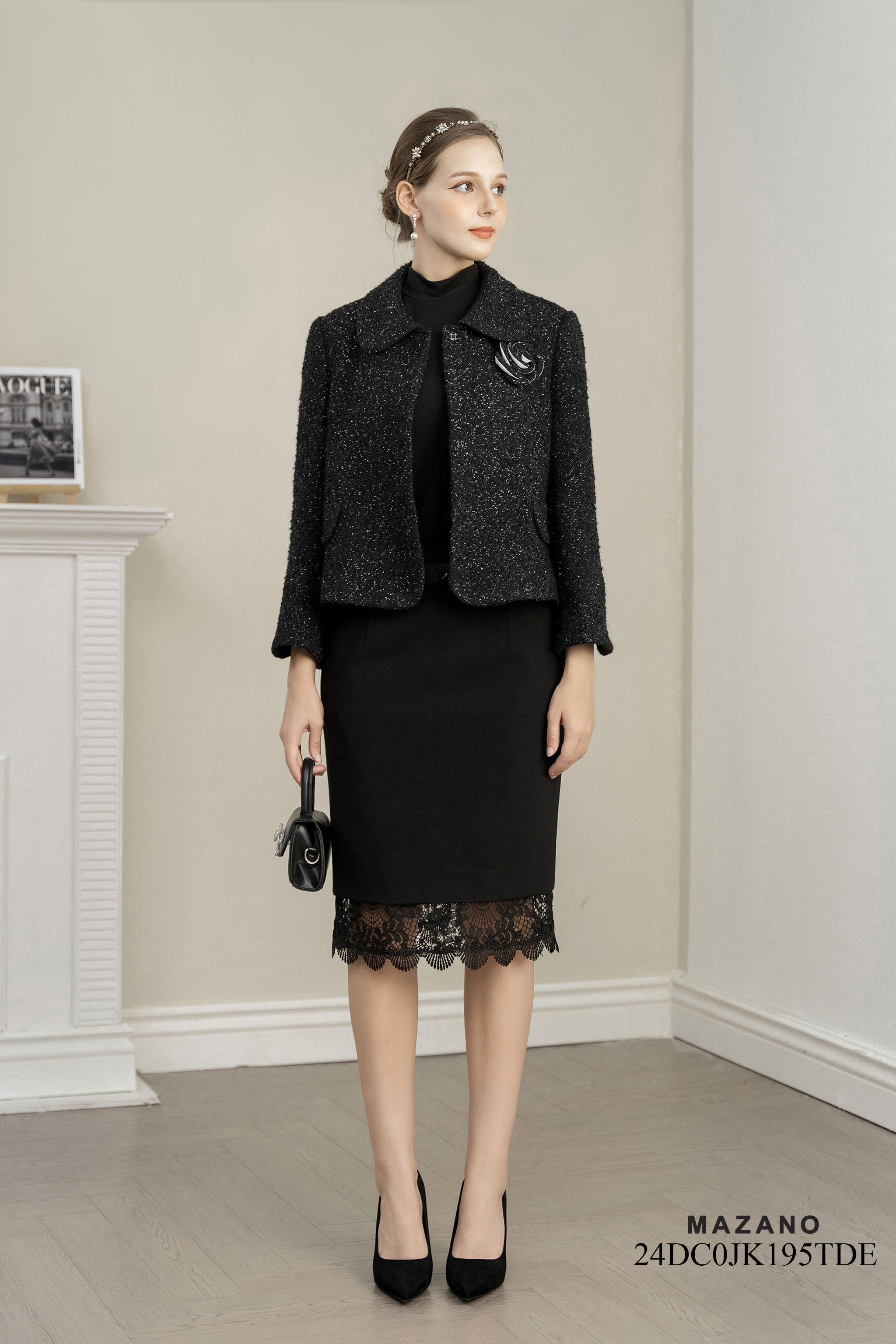 Áo khoác ngắn Vải dạ tweed Đính hoa thủ công Cổ sen Tay dài Dài qua eo_thumbnail_4