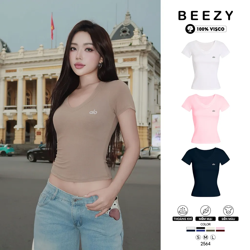 Áo ôm body cổ tim Miucho vải visco thoáng mát tay ngắn cổ tròn in chữ alo basic size S M L 2564