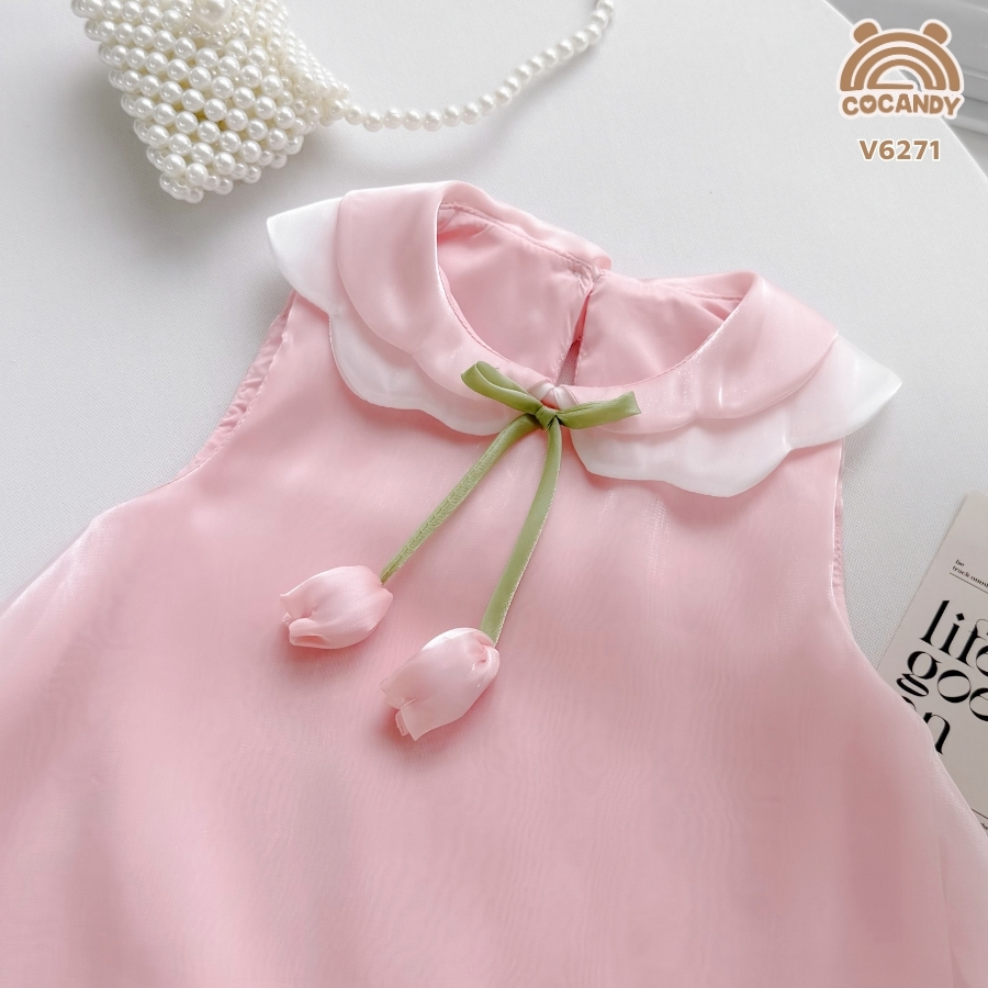 Váy sát nách tơ HỒNG phối cổ nơ nụ hoa_thumbnail_3