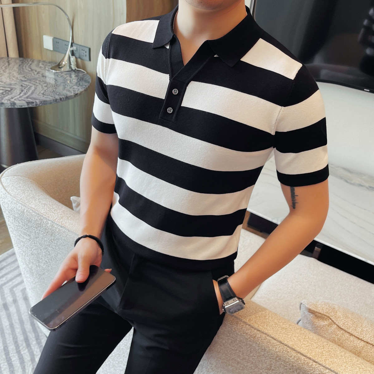 PA43 – Áo polo nam dệt kim kẻ sọc xu hướng hè 2025