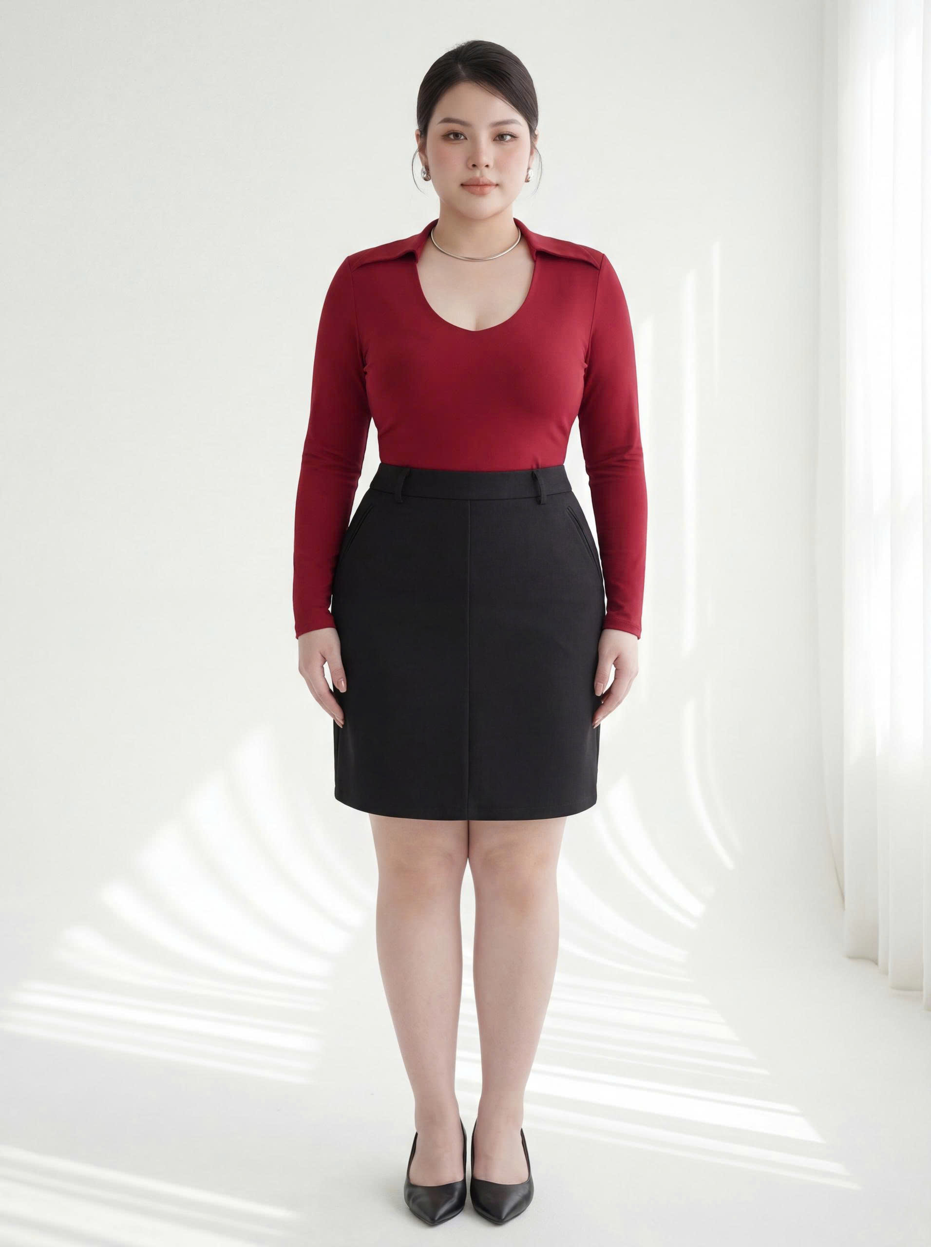 BISGZIE NỮ - Áo thun kiểu cổ bẻ tay dài V-AK094