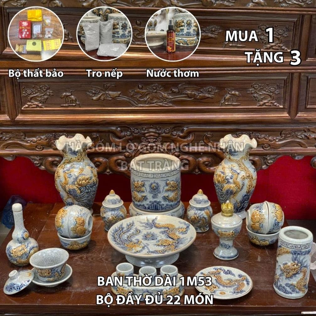 HG043 Đồ Thờ Cúng Bộ 22 món ban thờ 1M53 men rạn nổi nghệ nhân Bát Tràng chế tác TẶNG Thất Bảo, Tro Nếp