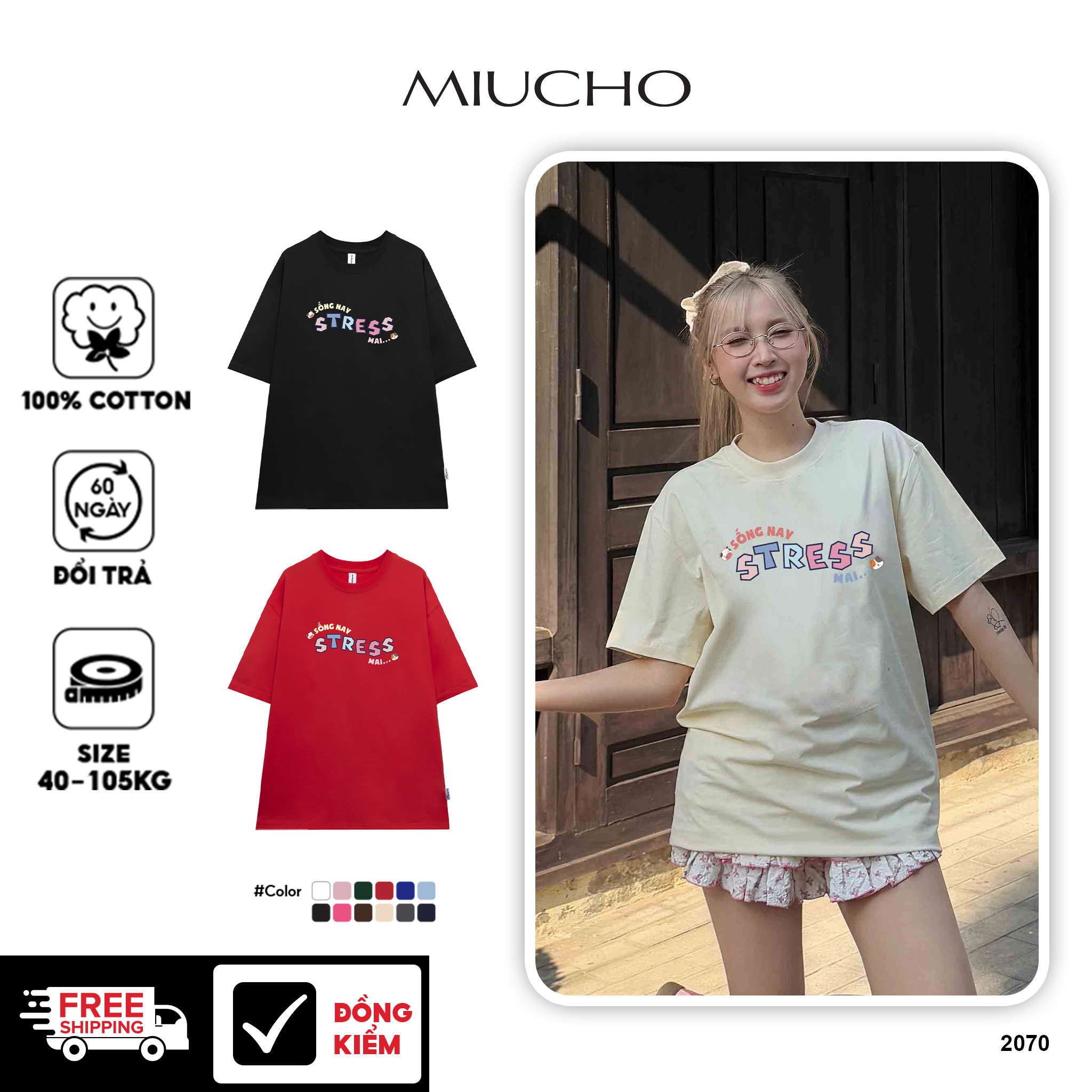 Áo thun local brand in chữ hài hước form rộng Miucho BST cổ tròn vải cotton 4c thoáng mát in basic