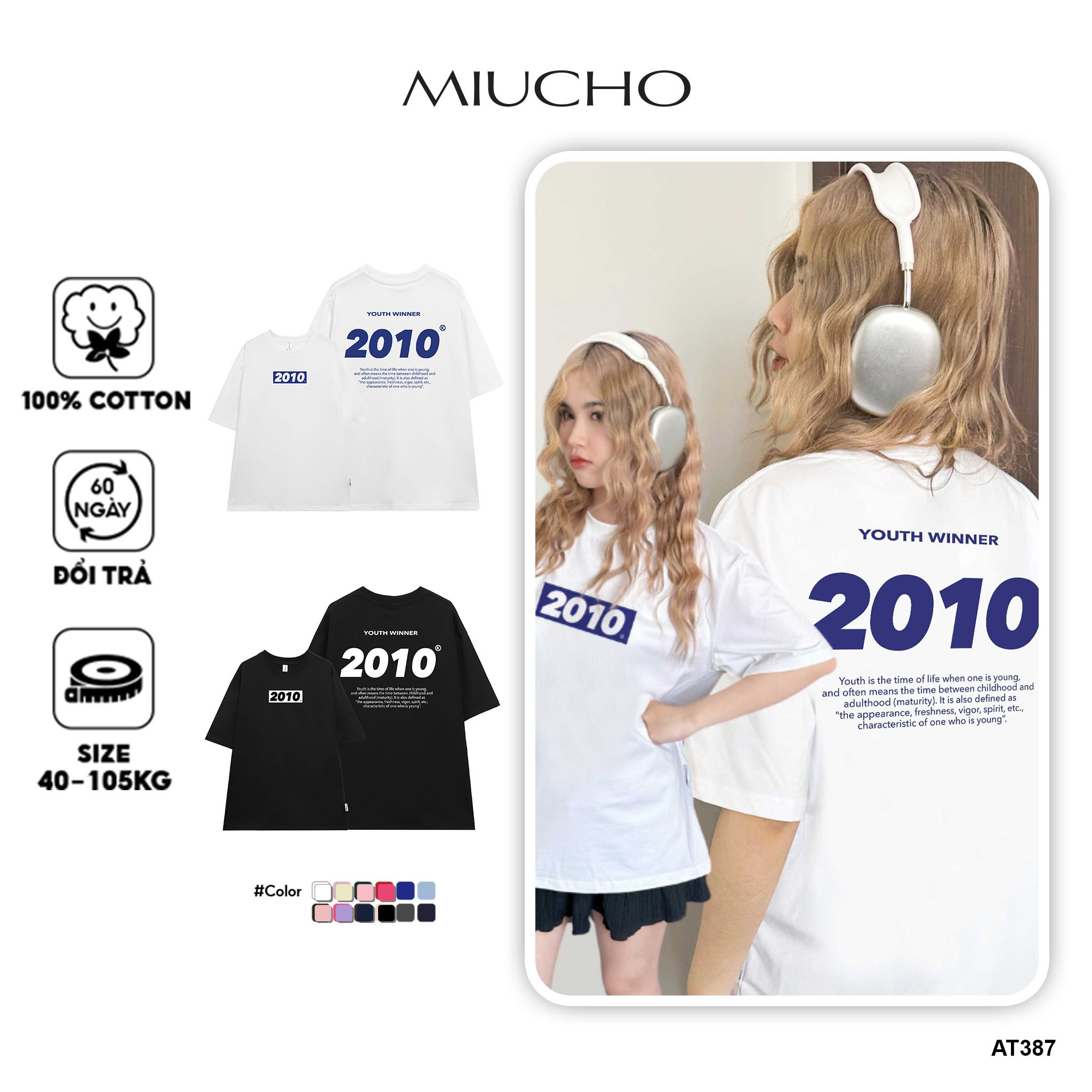 Áo thun unisex form rộng chất vải cotton dành cho nam nữ Miucho AT387 in năm sinh 201x