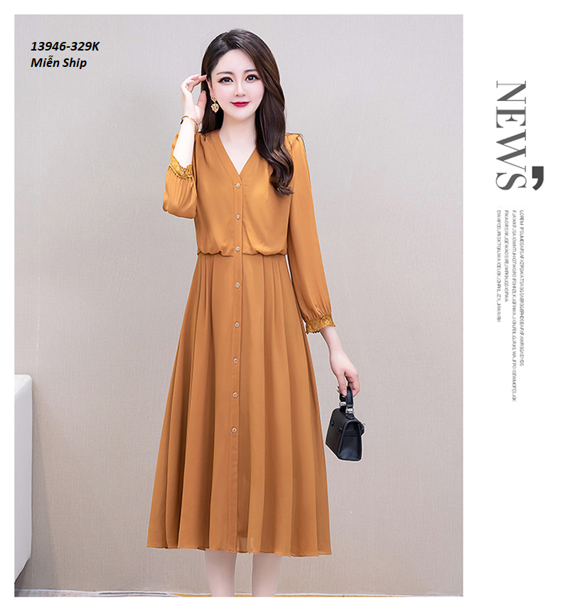 13946-Đầm xòe  tay lở  cổ  V kết nút  ( tằm ý, lót thun)FREESHIP_thumbnail_2