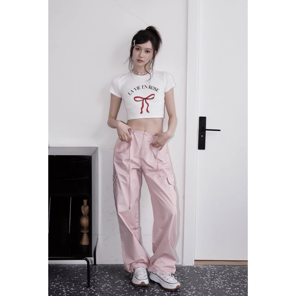 Áo croptop nơ xinh form ôm CRD1219 Miucho tay ngắn vải cotton thoáng mát cổ tòn in mix_thumbnail_6