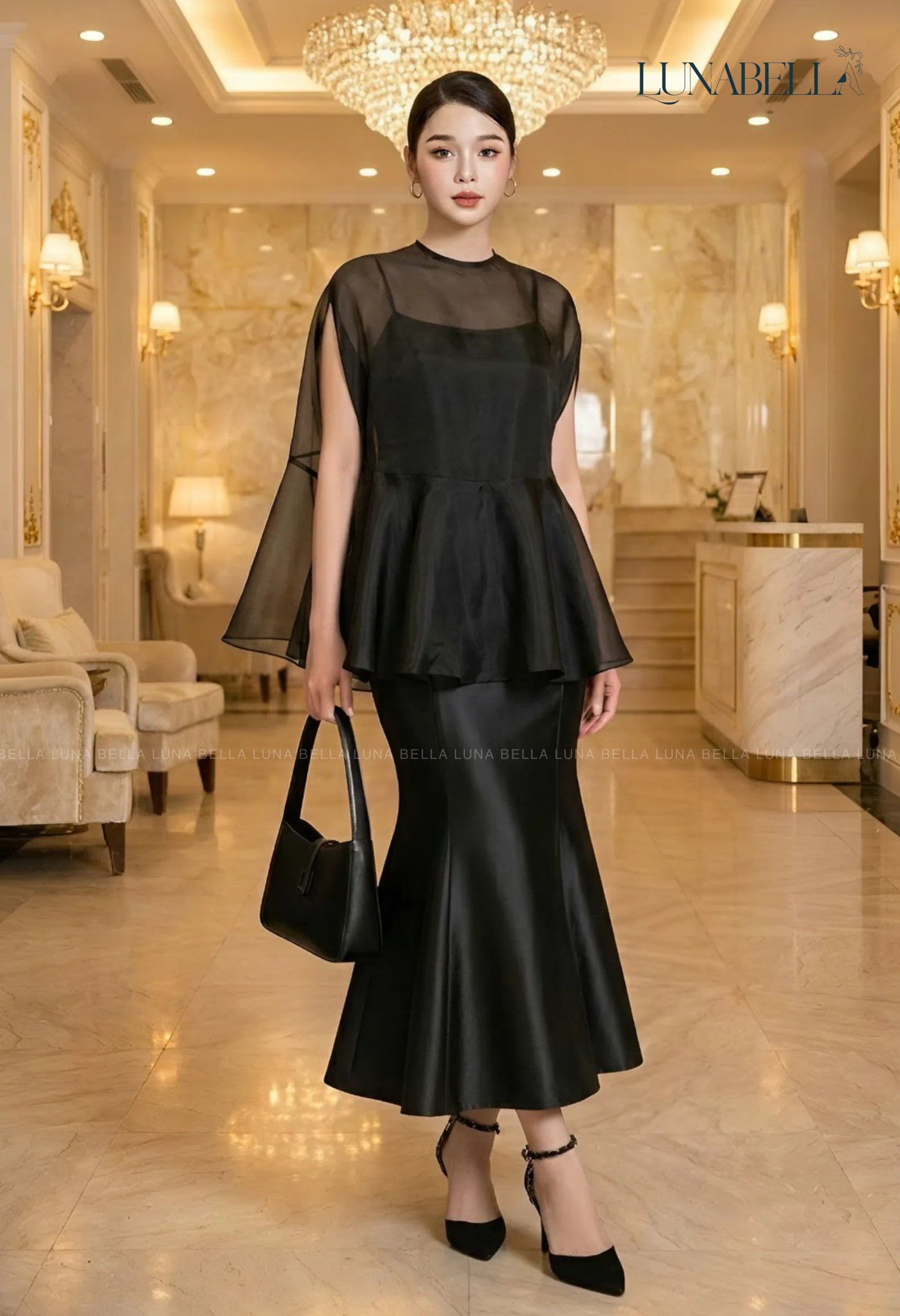 Set váy tafta mix choàng voan MARIELLE màu ĐEN