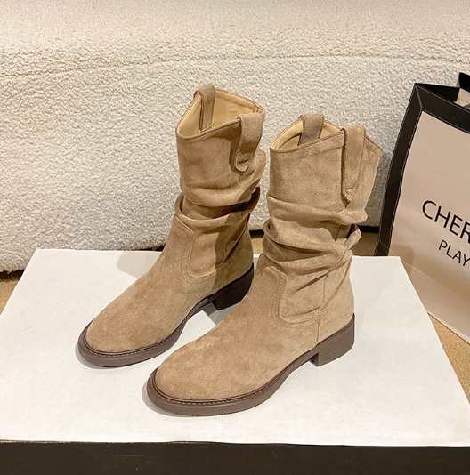 Boots Nữ Cao Cổ Màu Nâu & Be Crystal