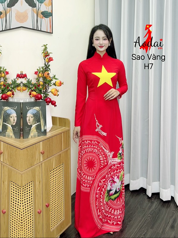 Áo dài Sao vàng H7 cổ cao 3cm tay dài in hoa sen trống đồng