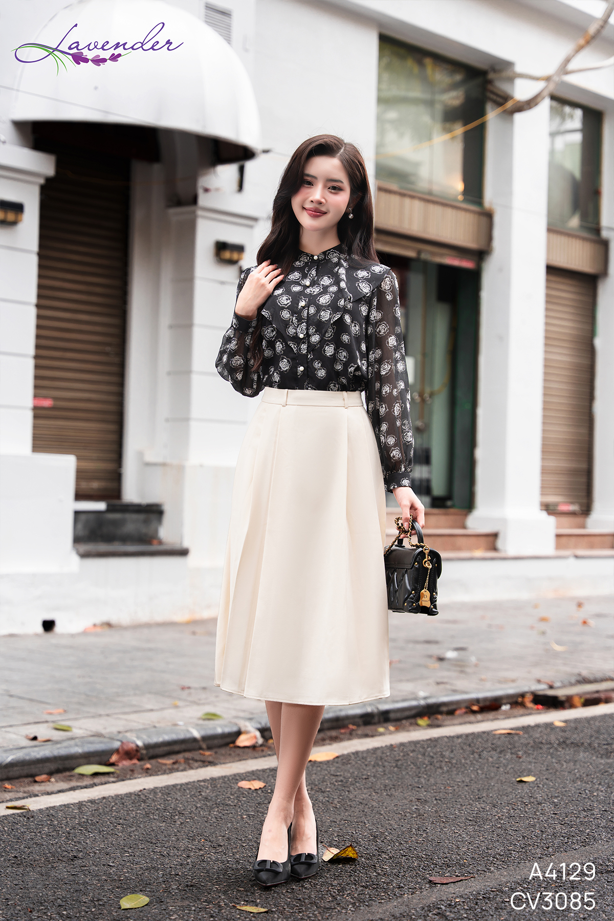 Set Áo sơ mi kt họa tiết hoa A4129 -ĐEN