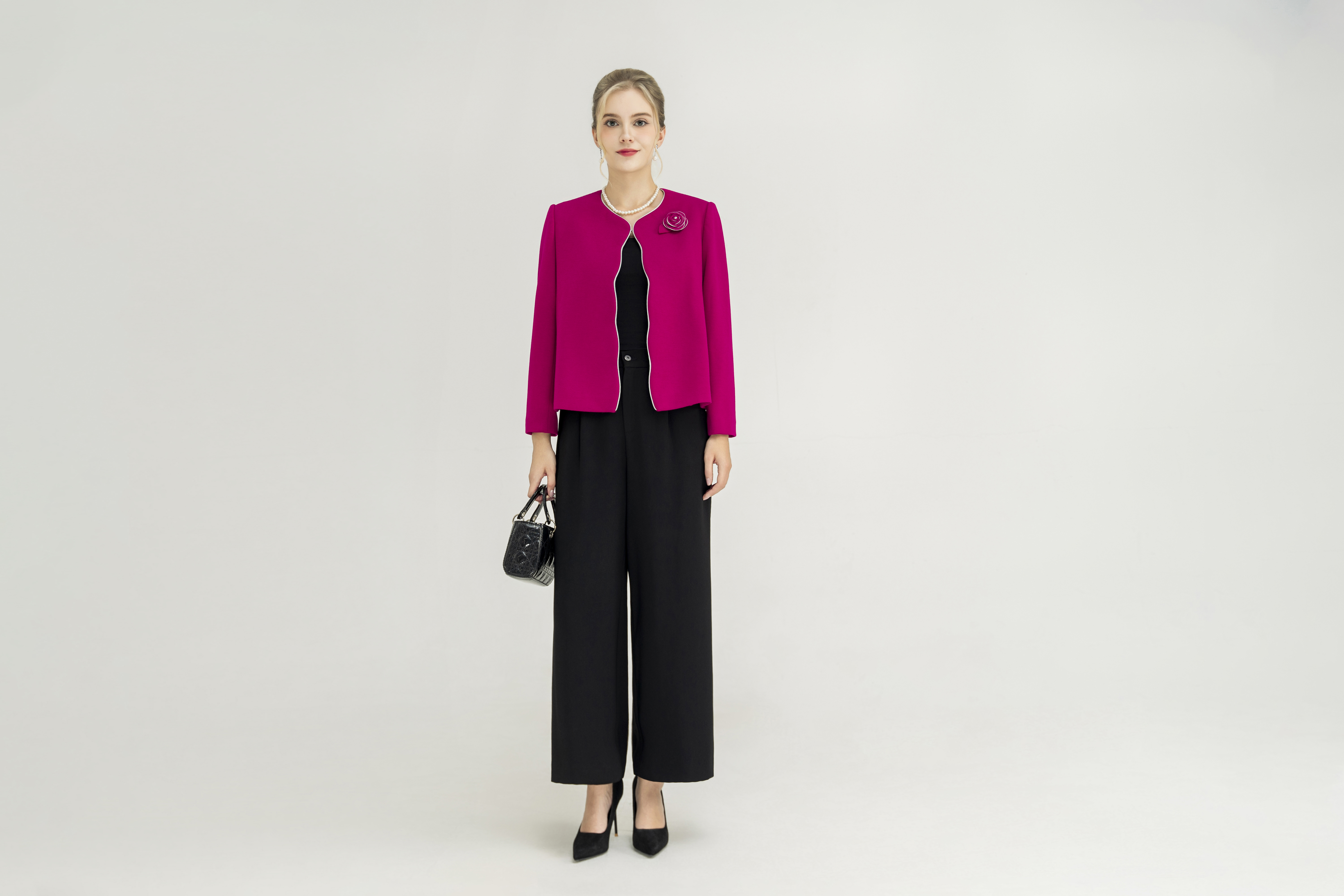 Áo khoác ngắn Vải dạ Đính hoa thủ công Cổ tròn Tay dài Dài qua eo