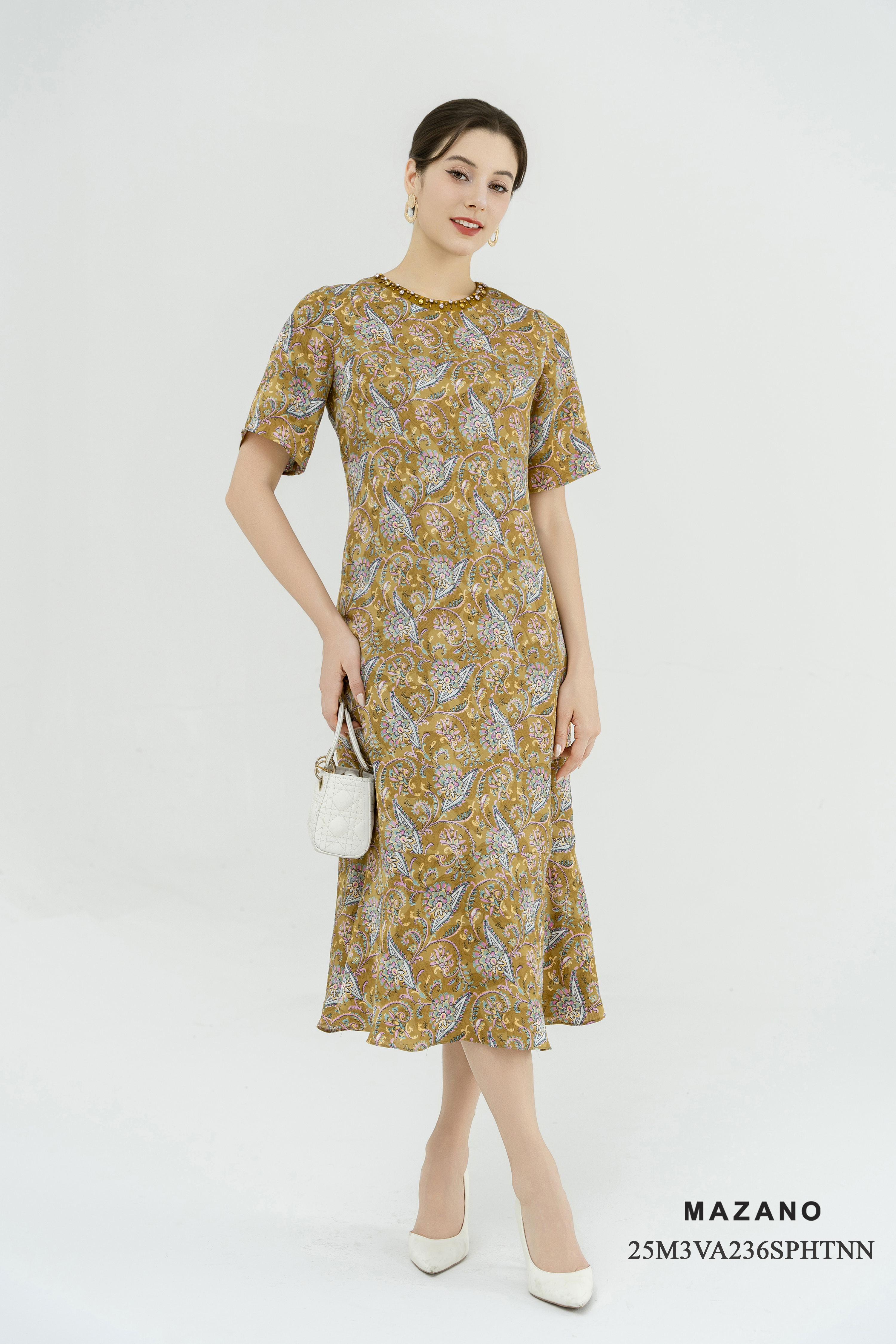 Váy đầm suông Vải voan lụa In họa tiết hoa sang trọng Cổ tròn Đính đá trang trí Tay ngắn Dài trên mắt cá chân