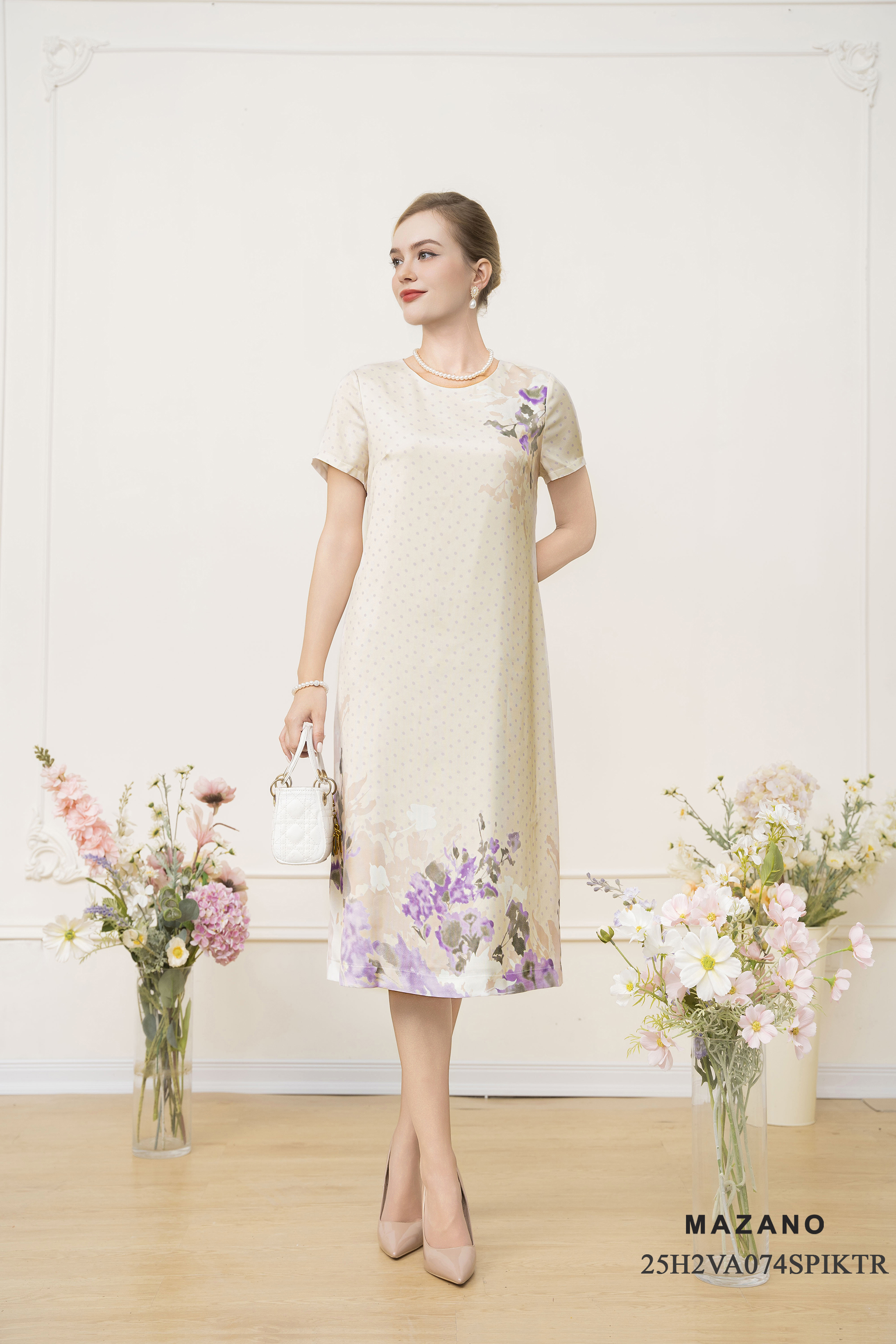 Váy Đầm Suông A Vải Thô lụa Hoạ tiết hoa oải hương Cổ tròn Tay ngắn Dài ngang bắp chân_thumbnail_1