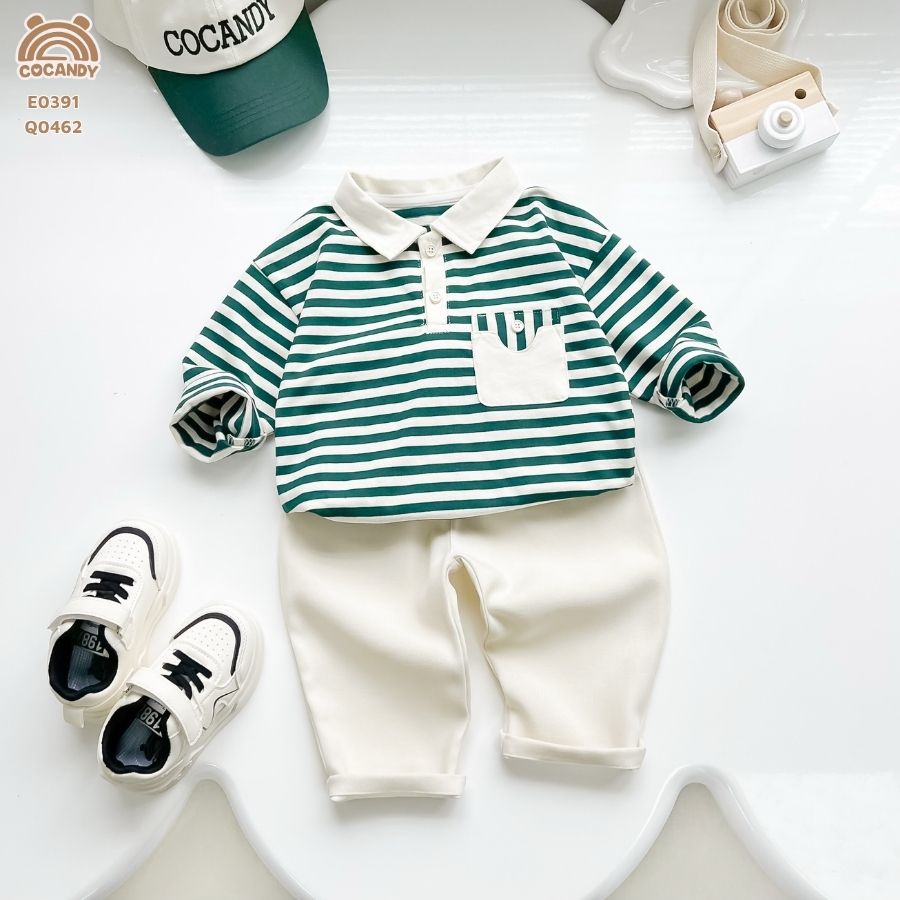 Áo dài XANH kẻ BE cổ bẻ phối túi ngực