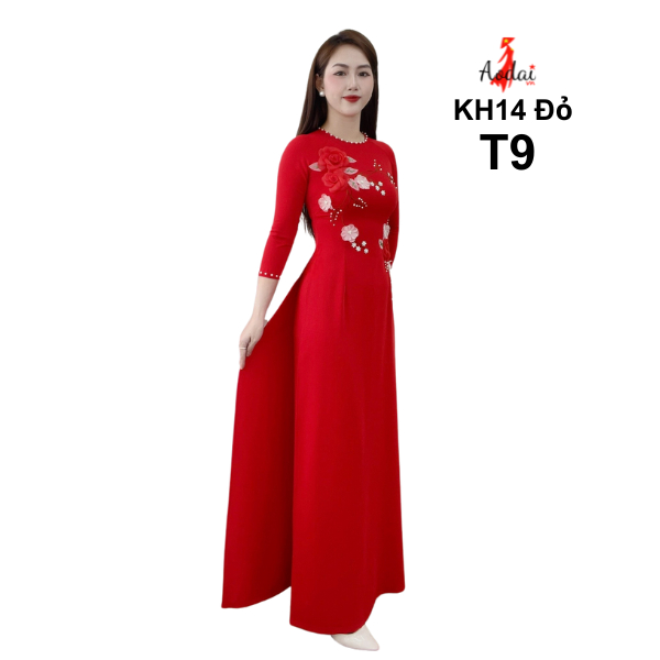 T9 Áo dài Lụa Mỹ màu đỏ kết hoa Cổ Tròn Tay Lỡ