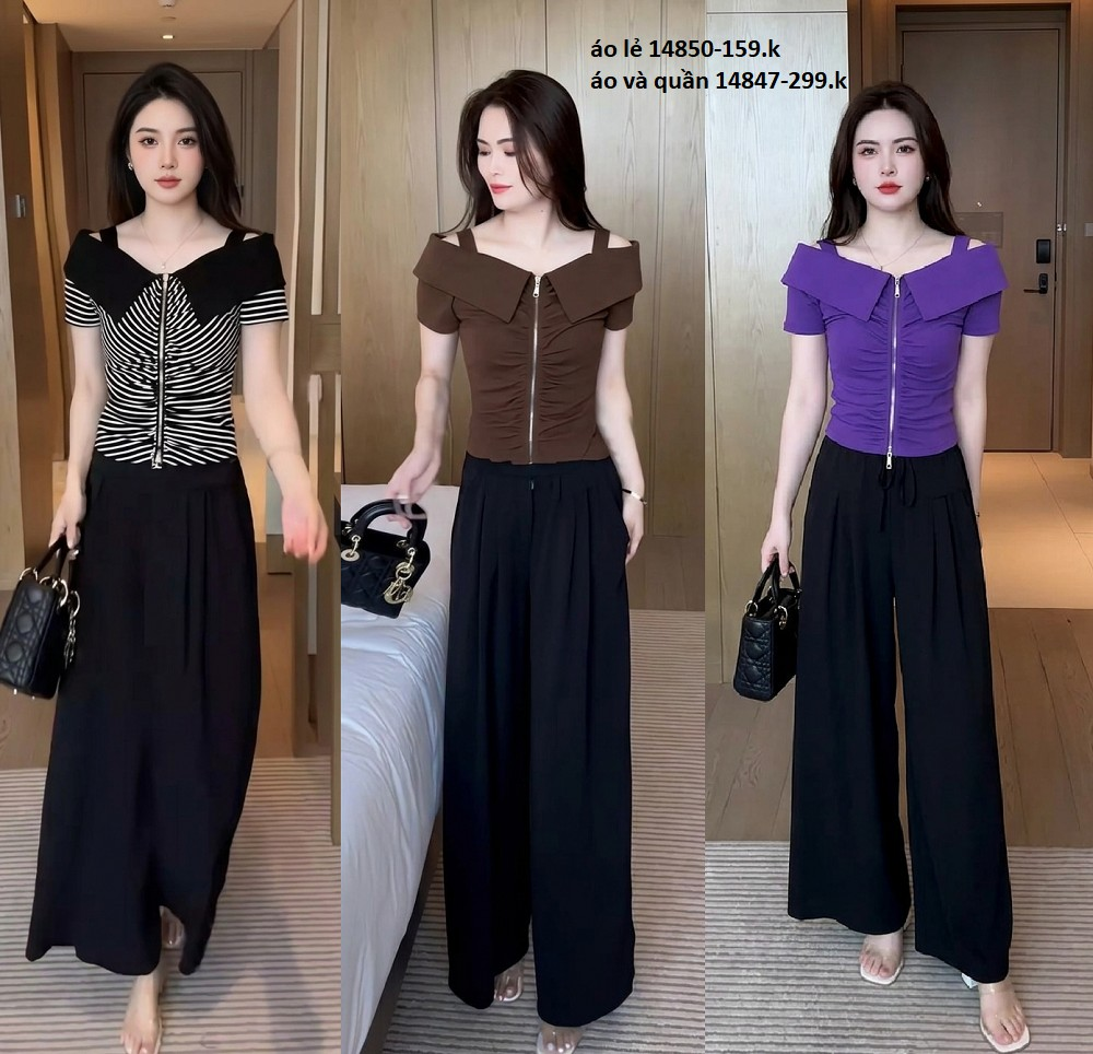 14847-Set bộ áo thun bẹt vai kèm quần suông ( áo thun mịn, quần lụa đũi)