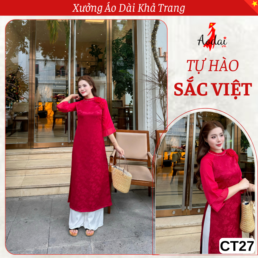 Bộ Áo Dài Cách Tân Suông CT27 màu Đỏ Đô Cổ Xếp Li Tay Lỡ thêu kết Hoa