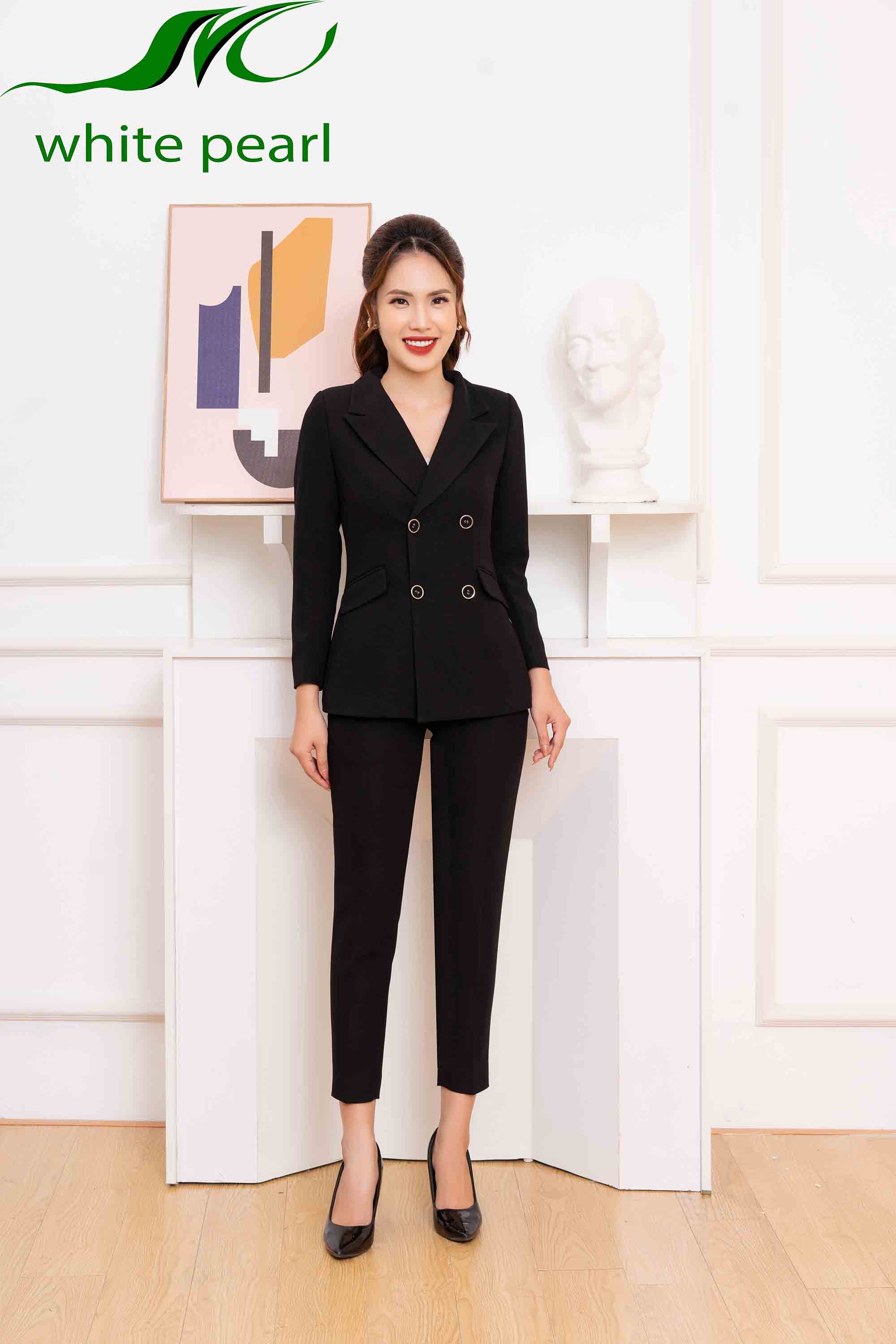 Bộ vest dáng dài kết hợp quần baggy màu đen thời trang công sở cao cấp White Pearl