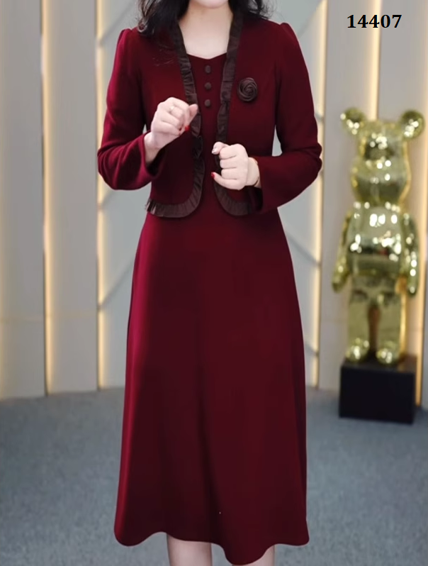 14407-Đầm đỏ xòe công sở tay dài phối kiểu áo giả rời (thun mịn)_thumbnail_3