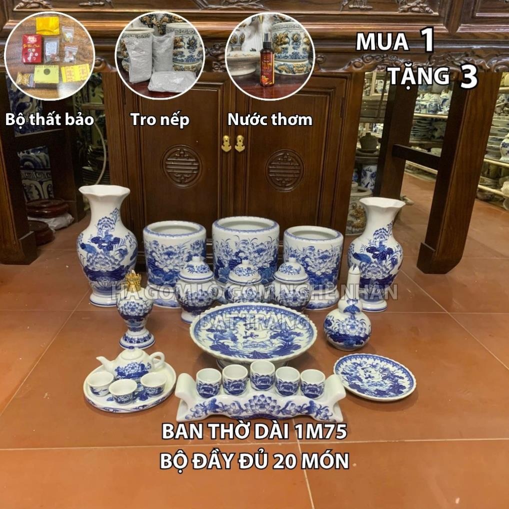 HG347 Đồ Thờ Cúng Bộ 20 món ban thờ 1M75 men lam nghệ nhân Bát Tràng chế tác TẶNG Thất Bảo, Tro Nếp