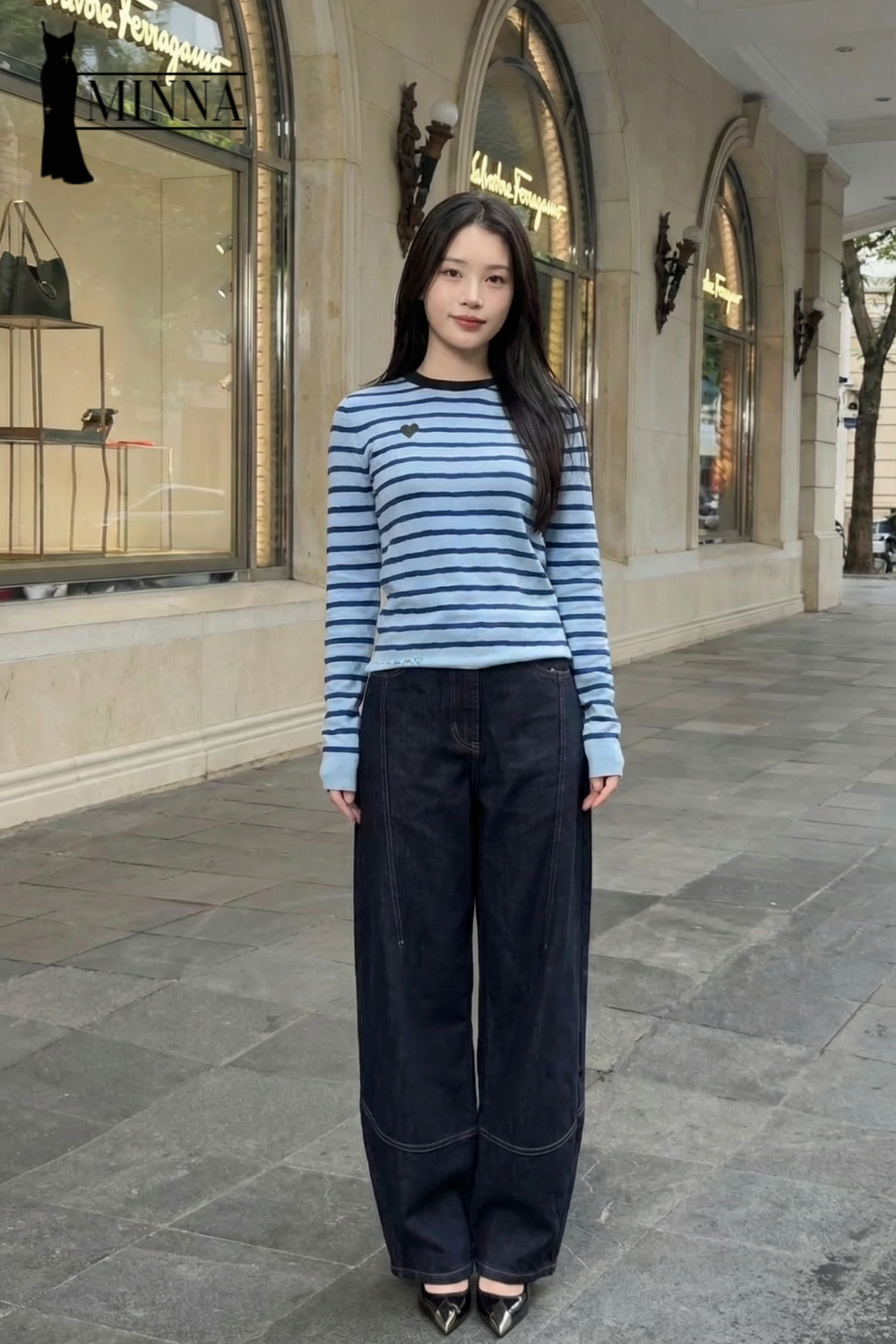 Áo len tay dài sọc ngang Blue Stripe Heart Top - MA060